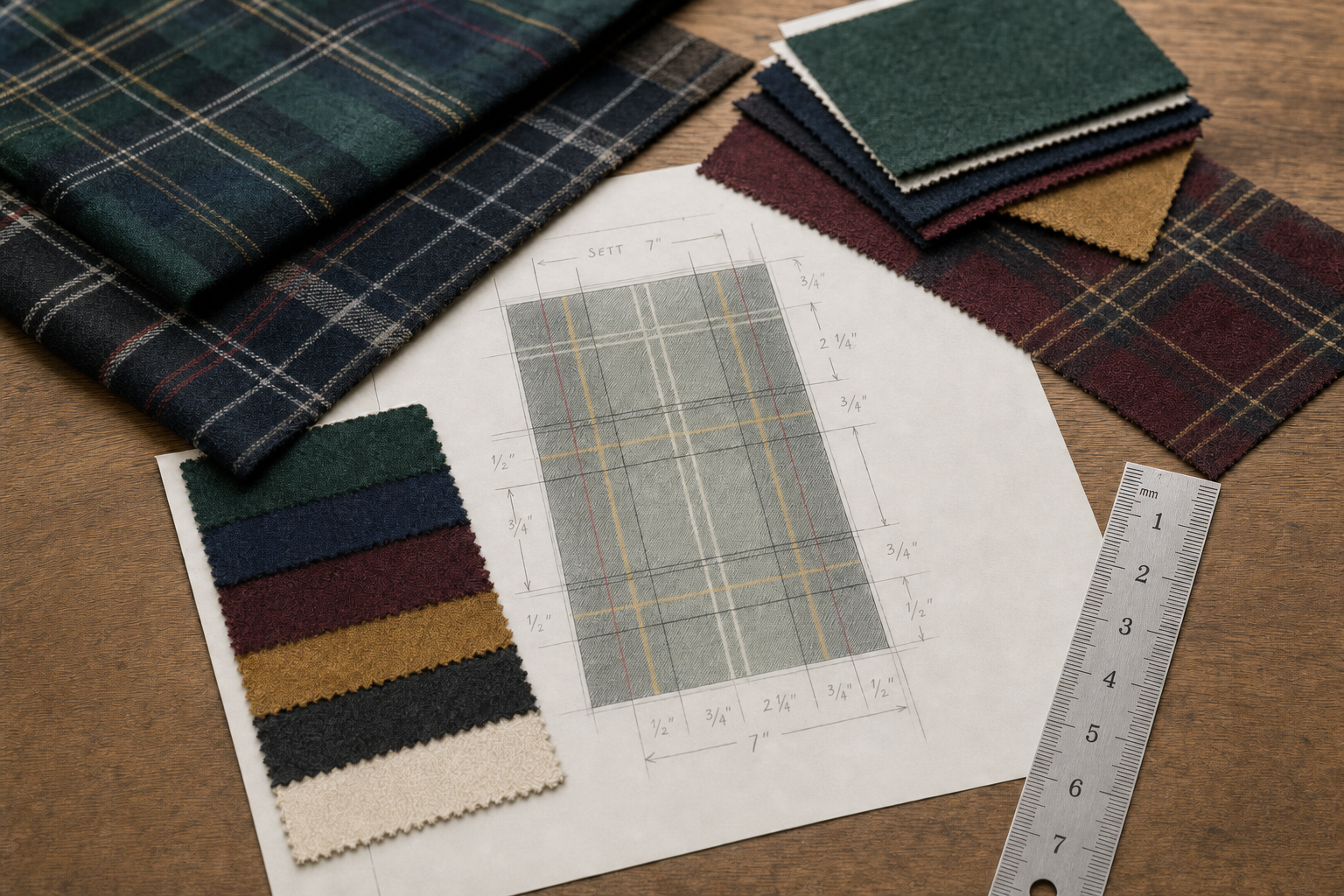 Tartan fabric swatches and a design sketch with measurements are laid out on a wooden surface beside a metal ruler.