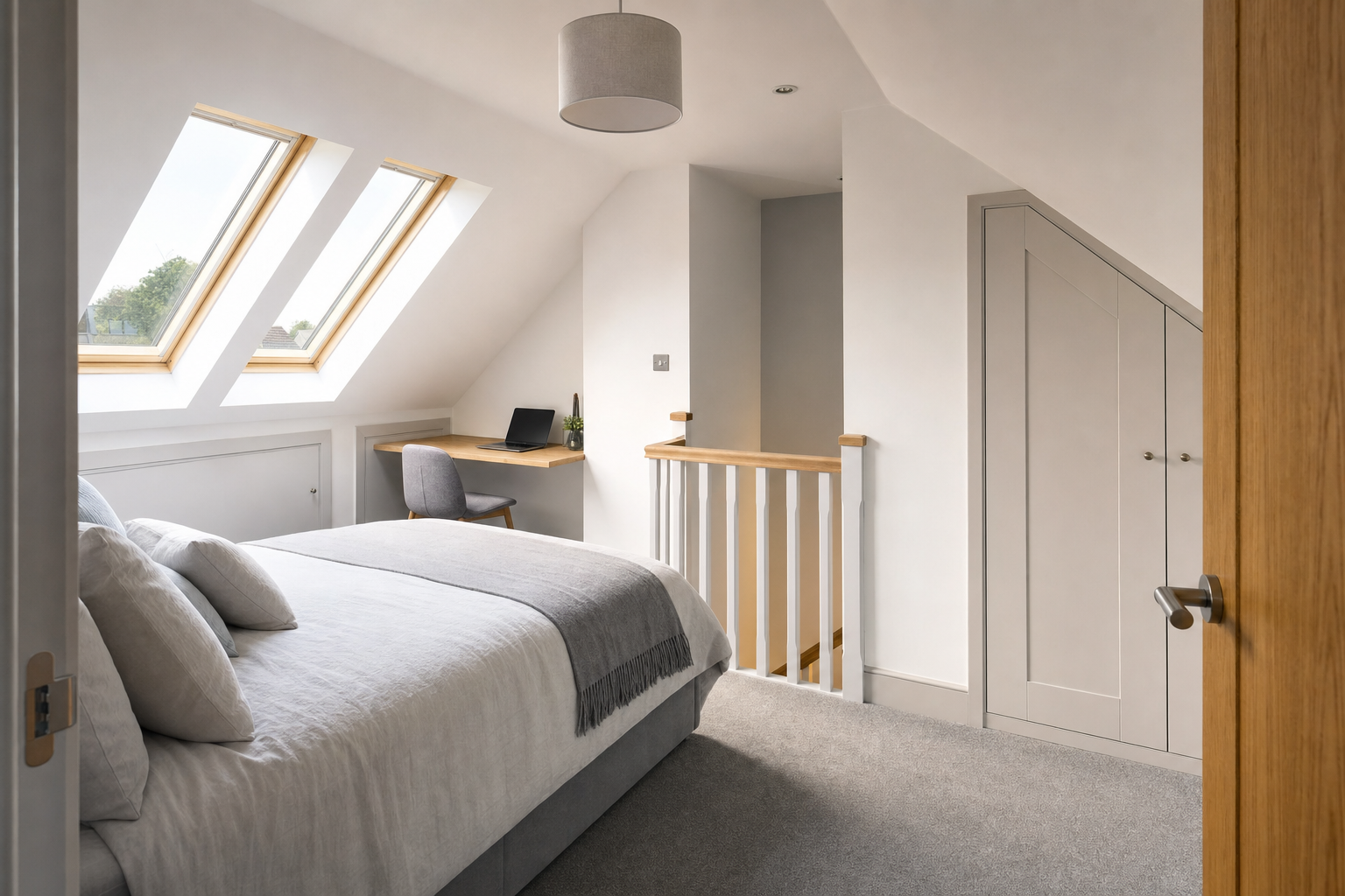 Modern attic bedroom with skylights, a neatly made bed, a small desk with a laptop, and a built-in wardrobe.
