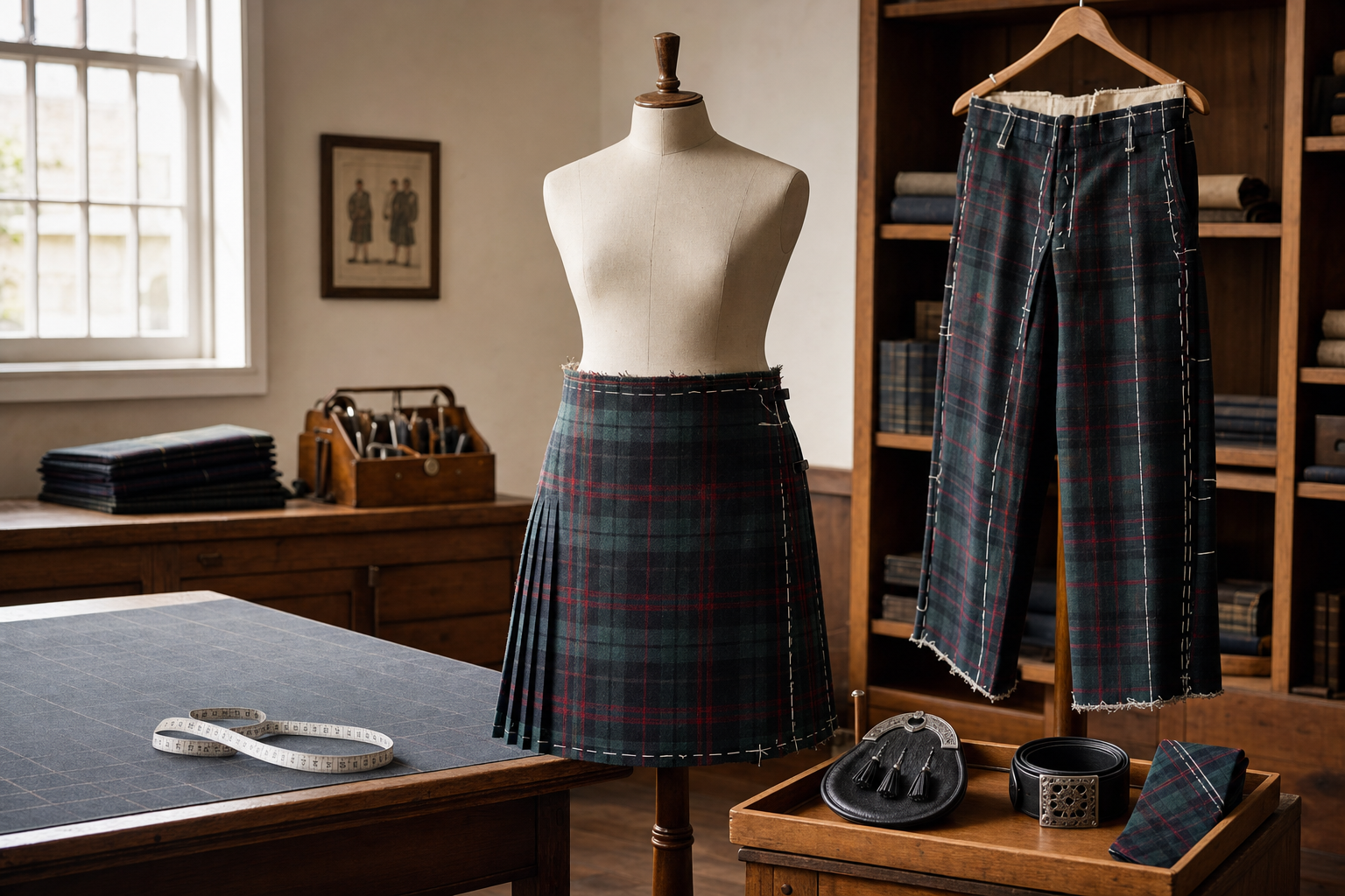 Tailor's workshop with a tartan kilt on a mannequin and matching trousers on a hanger, surrounded by sewing tools.