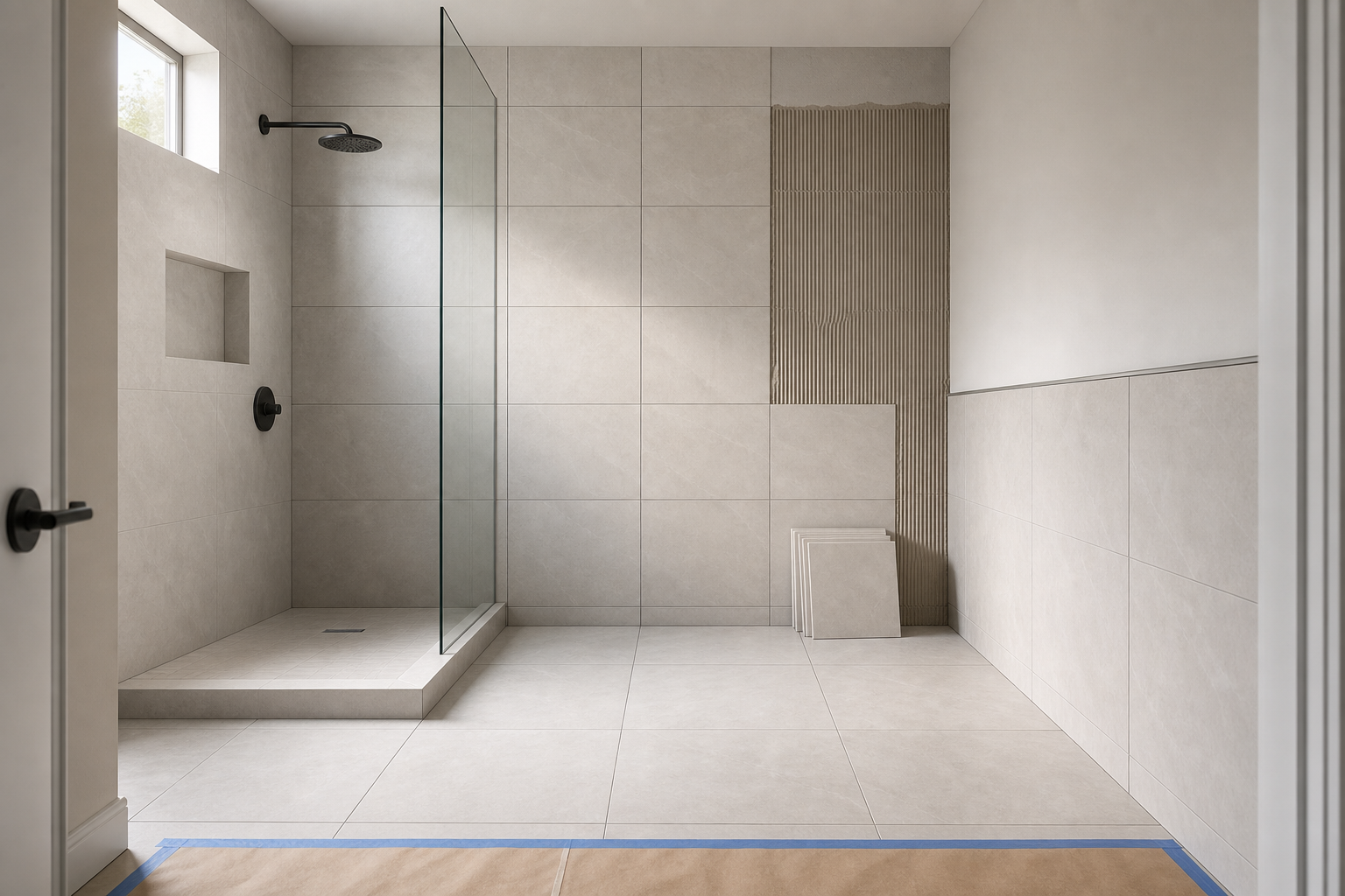 Modern bathroom under construction with beige tiles and a walk-in shower, featuring glass partition and exposed wall area.