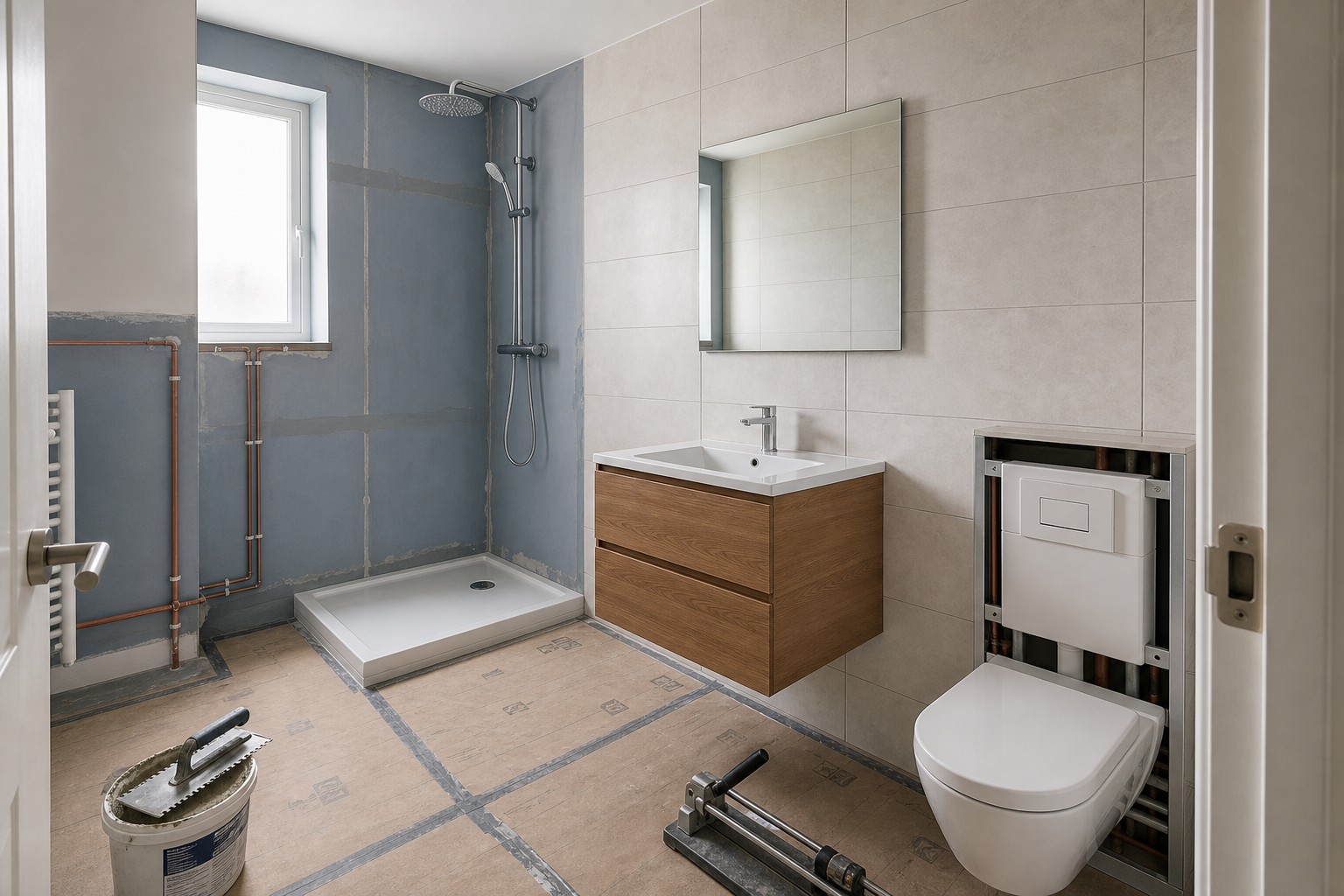 Partially renovated bathroom with exposed pipes, a shower tray, sink unit, and toilet, as tools lie on the floor.
