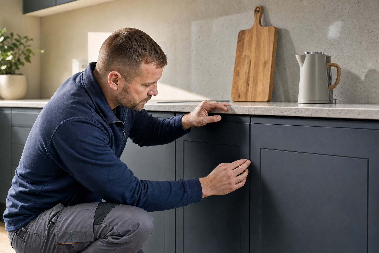 Man in a navy jumper inspecting a kitchen cabinet in a modern kitchen setting.