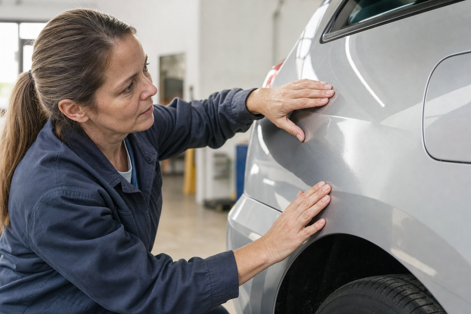 Woman in a blue uniform inspecting a car's rear bodywork in a garage.