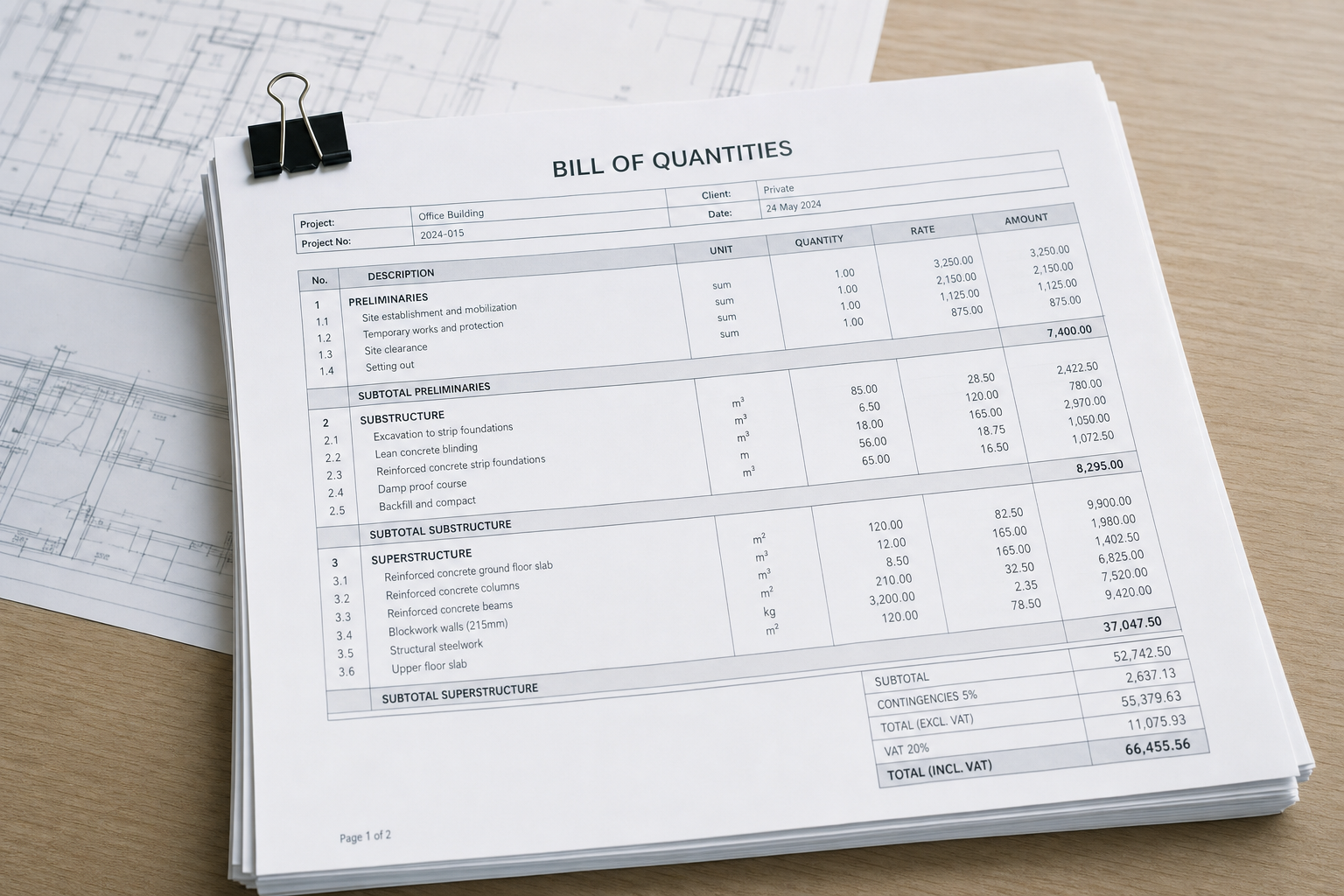 Stack of papers with a detailed bill of quantities for an office building project, clipped together on a wooden desk.