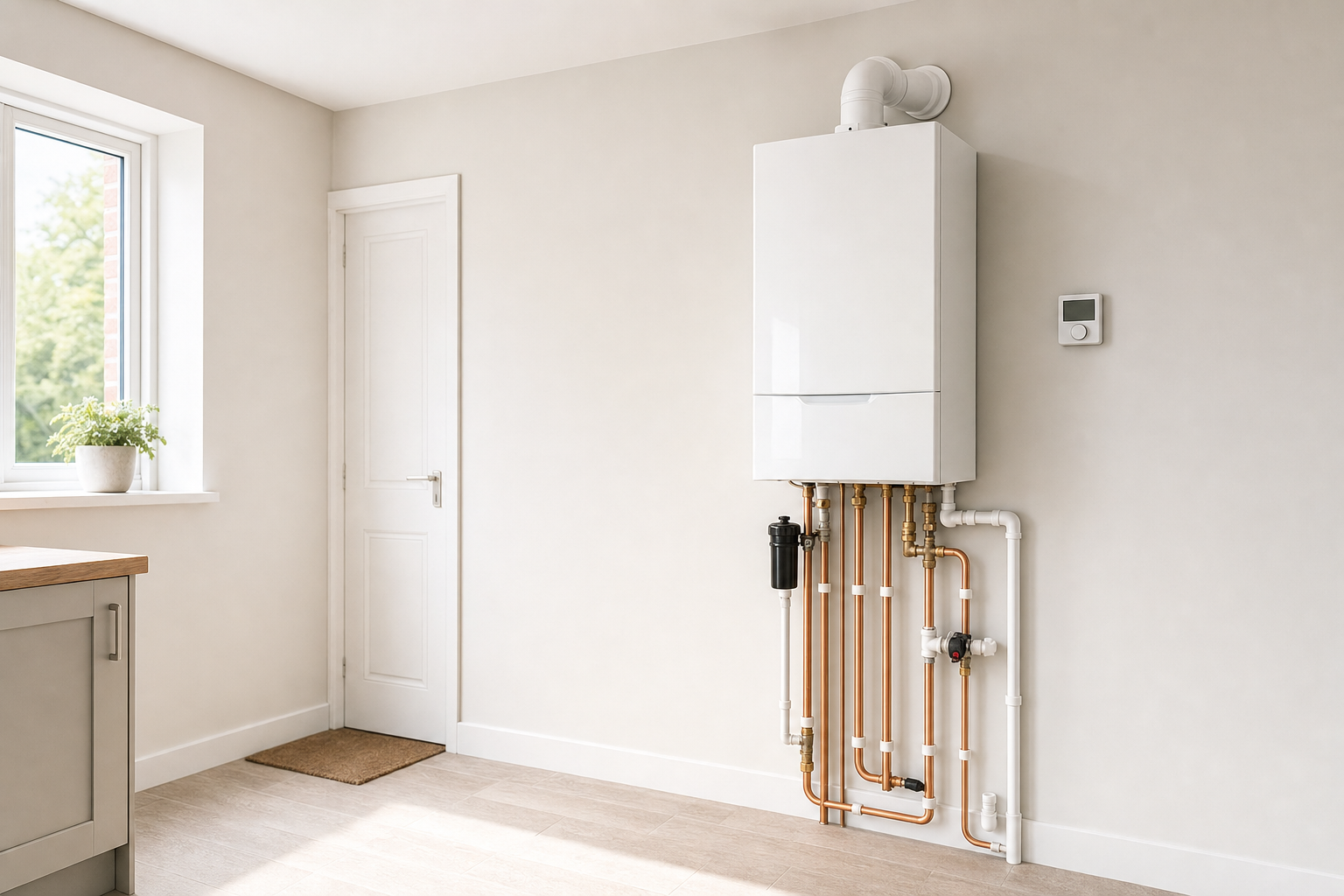 A modern combi boiler with exposed copper piping installed in a bright, minimalist kitchen.