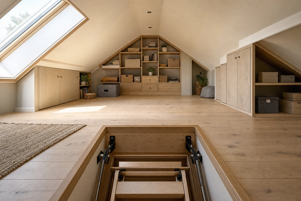Spacious attic room with wooden shelves, skylight, and open hatch revealing a foldable ladder.
