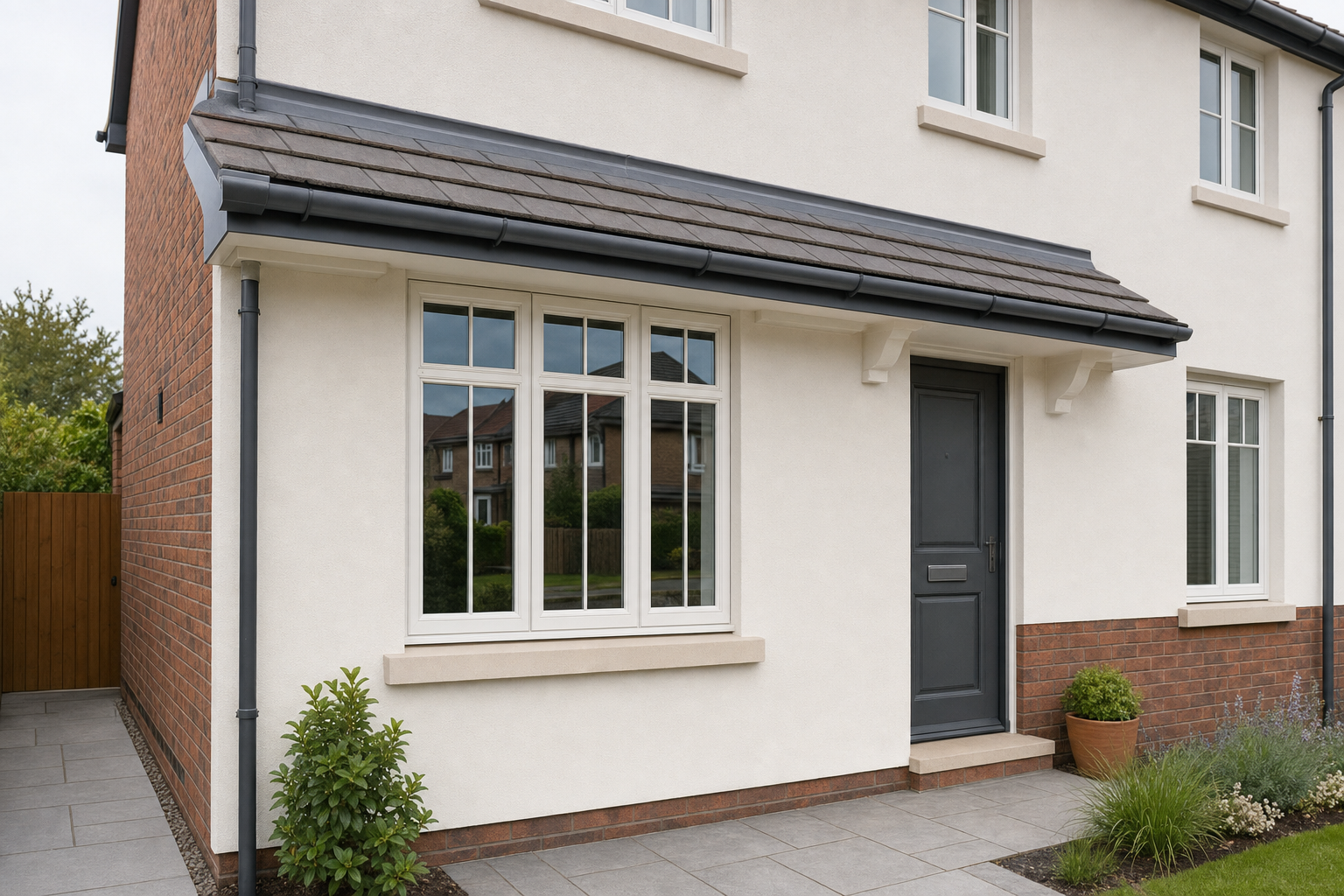 Modern house exterior featuring cream-rendered walls and a dark front door.