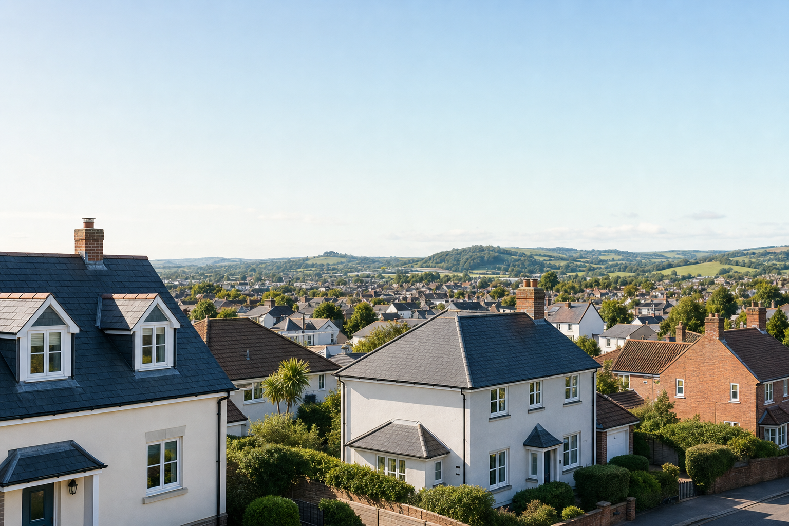 A view over a suburban neighbourhood with houses and distant rolling hills under a clear blue sky.