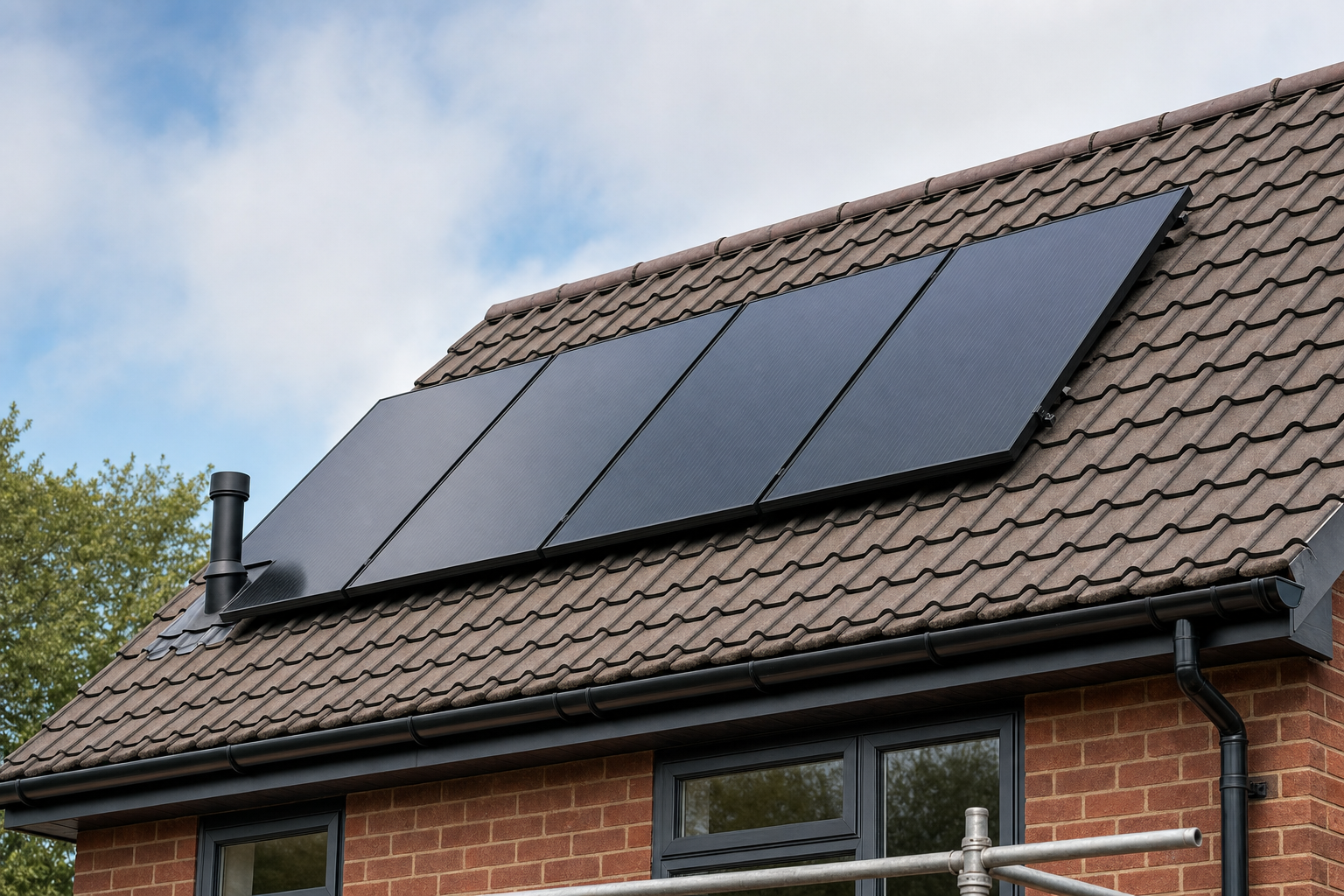 Solar panels installed on a tiled roof of a brick house under a partly cloudy sky.