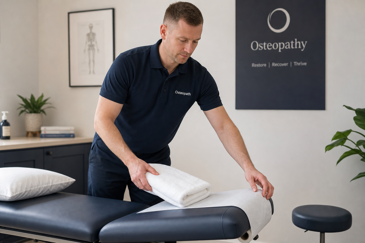 An osteopath prepares a treatment table with towels in a modern, well-lit clinic.