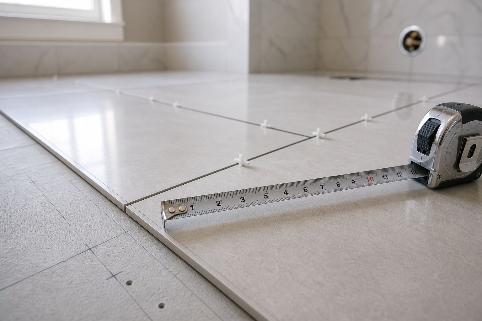 Measuring tape extending over tiles being laid on a floor with spacers visible between the tiles.