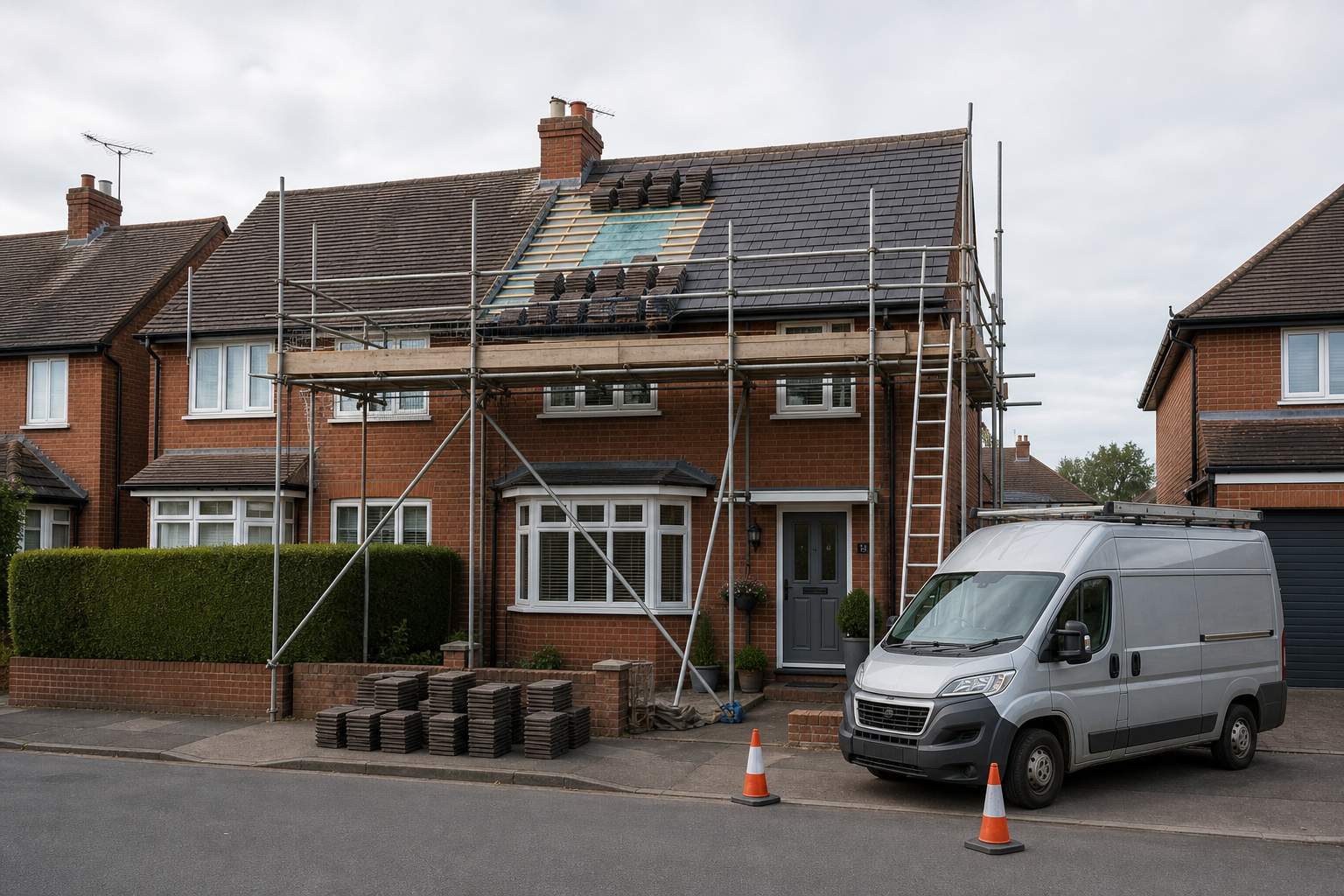Red-brick house undergoing roof repairs with scaffolding, a ladder, stacked tiles, and a white van on the driveway.