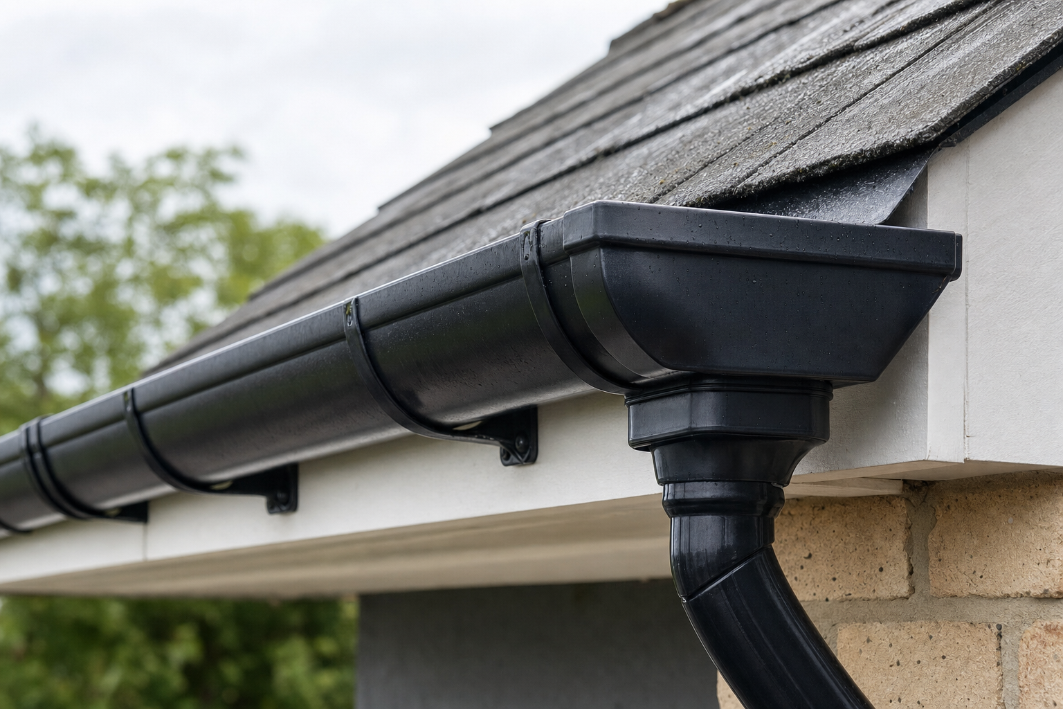 Black plastic guttering system on a sloped roof with a brick wall beneath.