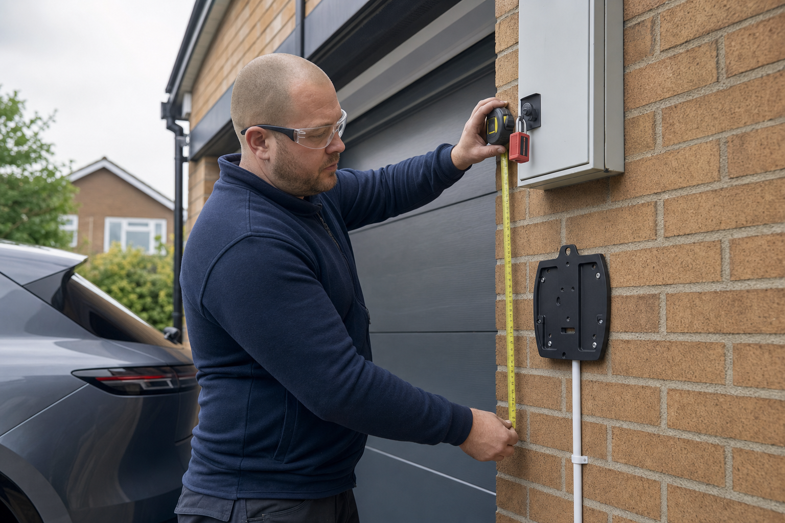 Person measuring the height for an electric vehicle charger installation on a brick wall next to a garage.