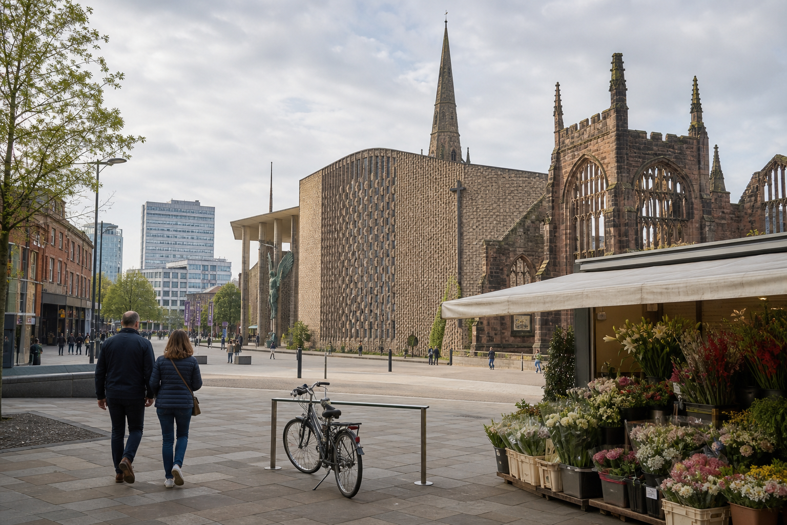 Couple walking along an urban street with a cycle rack, and a flower stall near a historic cathedral and modern buildings in view.