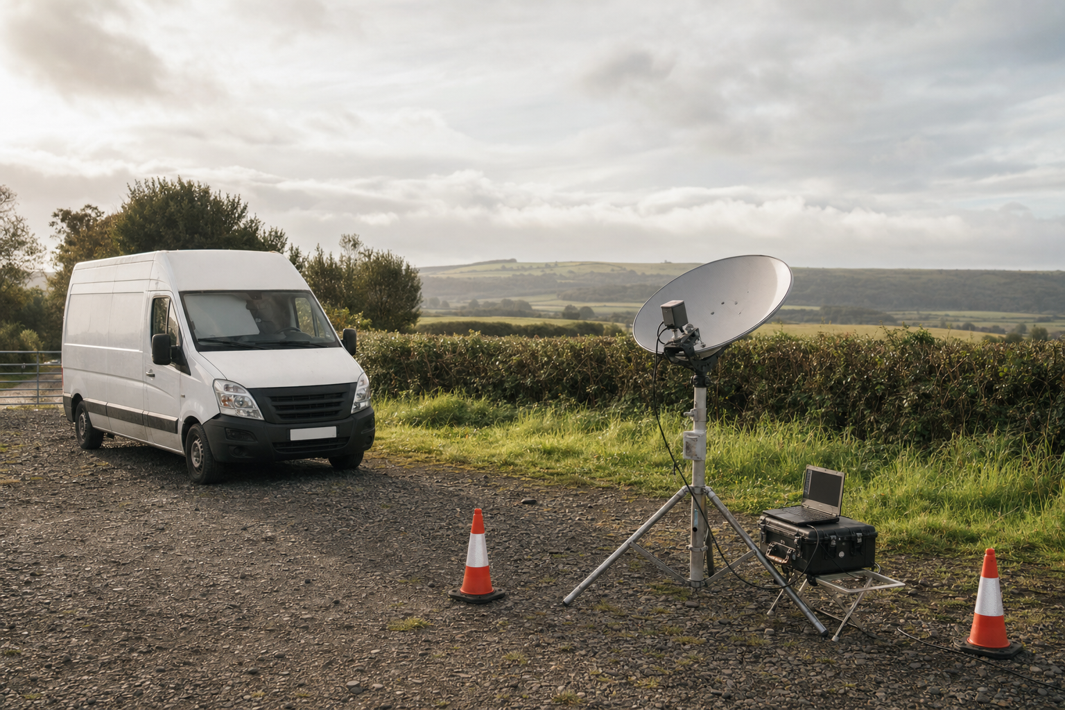 A white van parked beside a portable satellite dish and laptop in a rural setting with orange cones nearby.