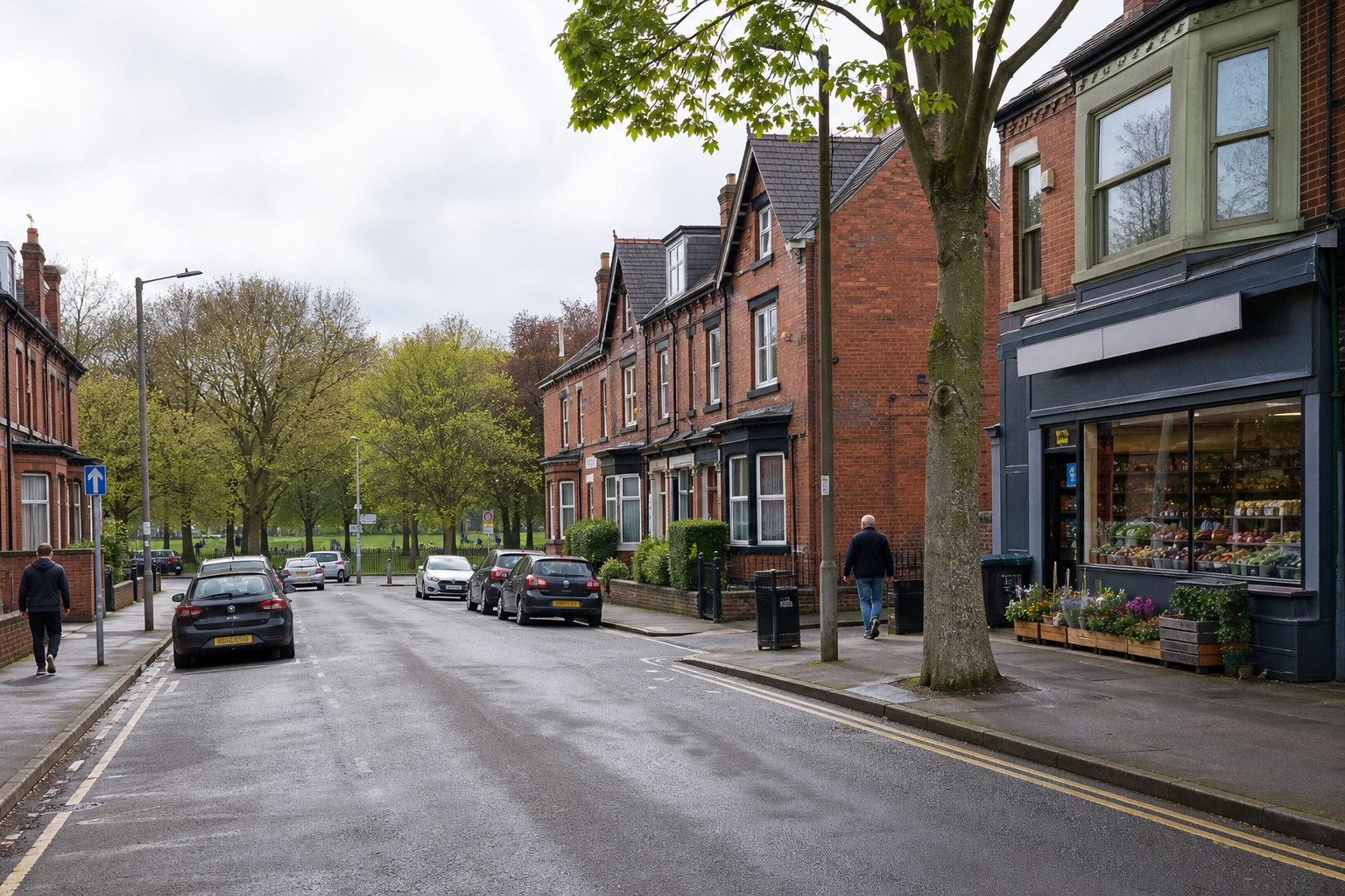 Street with red-brick terraced houses, a small shop, parked cars, and people walking under cloudy skies near a park.