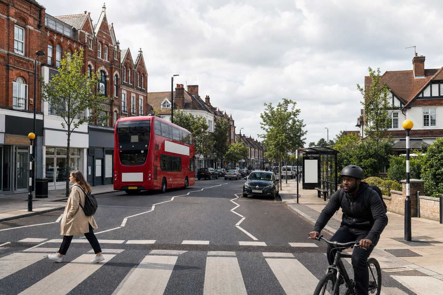 A red double-decker bus, a pedestrian, and a cyclist on a zebra crossing in a suburban street.