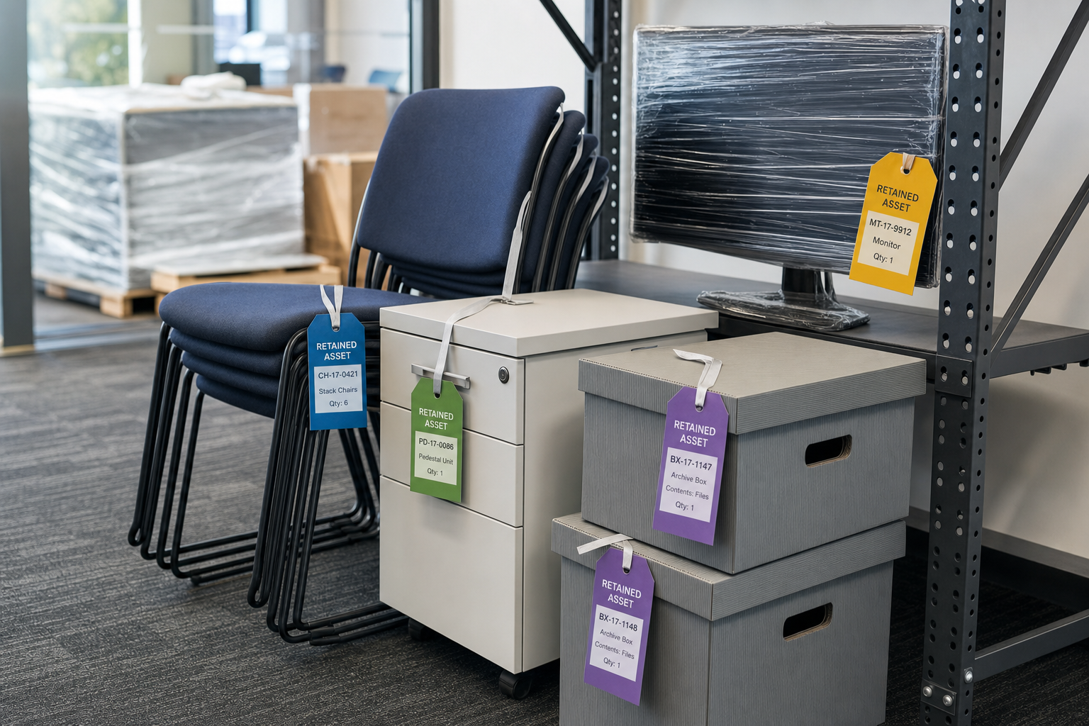 Office items with retained asset tags, including stacked chairs, a pedestal unit, archive boxes, and a wrapped monitor.