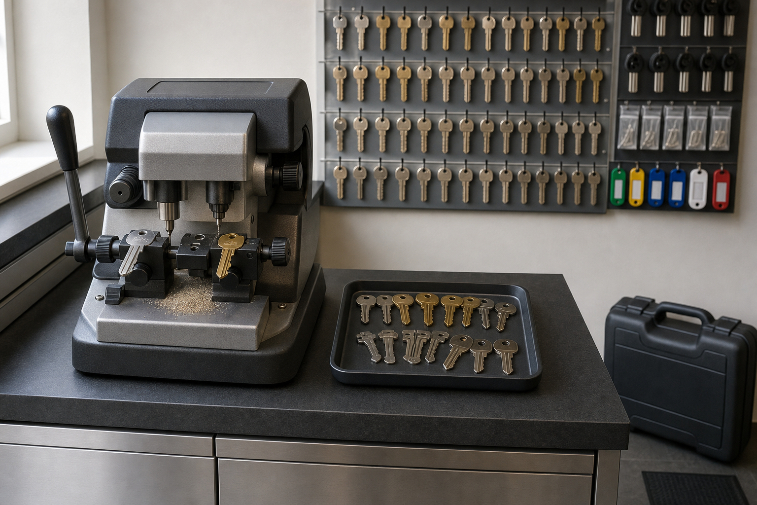 Key cutting machine next to trays of blank keys and a wall display of hanging keys in a workshop.