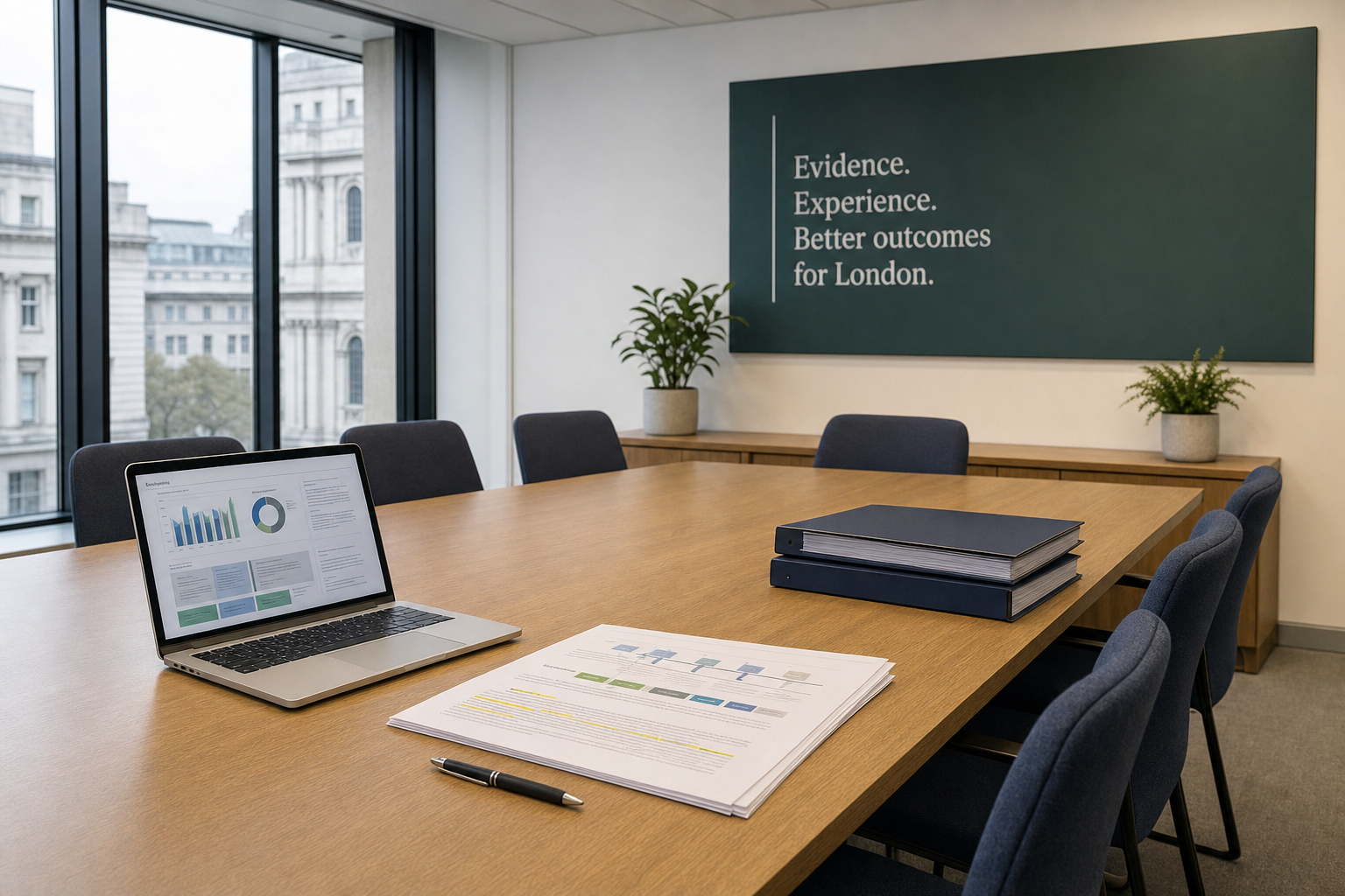 A conference room table with a laptop, documents, and binders, with a large window overlooking London in the background.