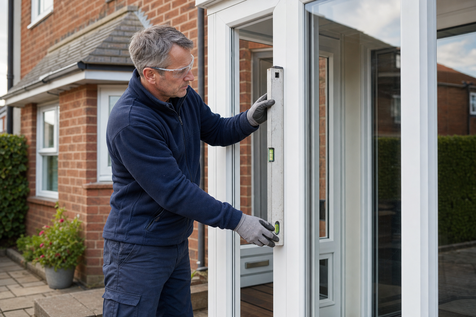 Man using a spirit level to check a door frame alignment outside a brick house.