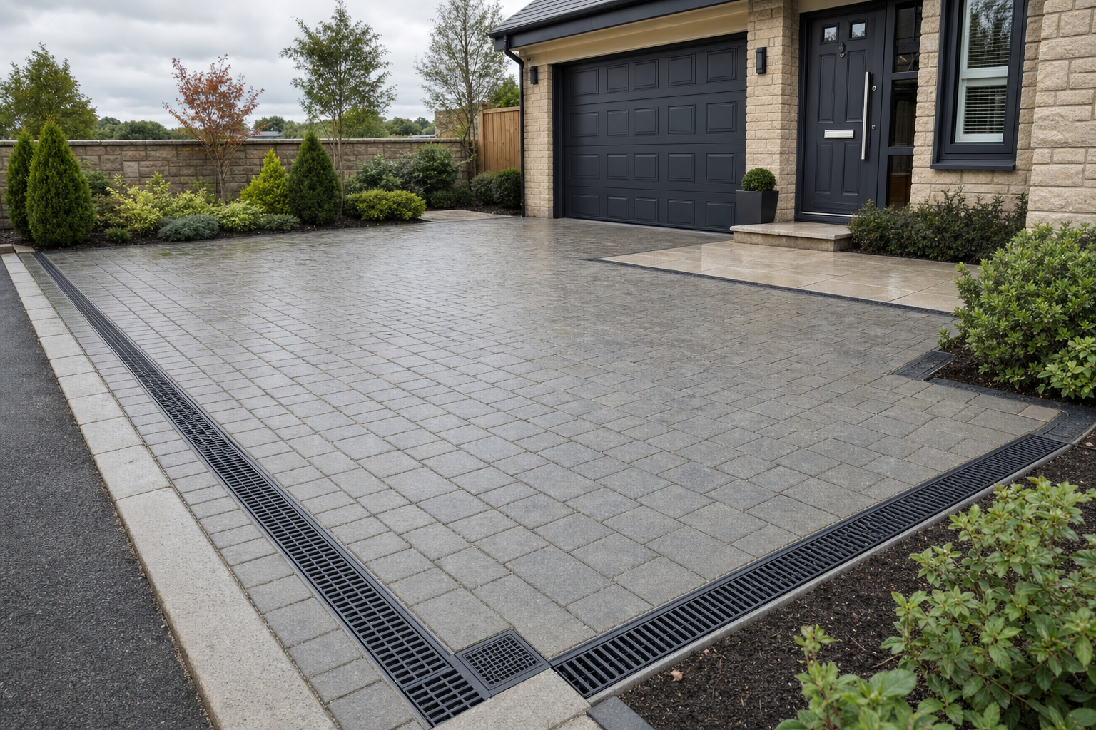 Modern driveway with brick paving and drainage system, leading to a house with a dark garage door and landscaped garden.
