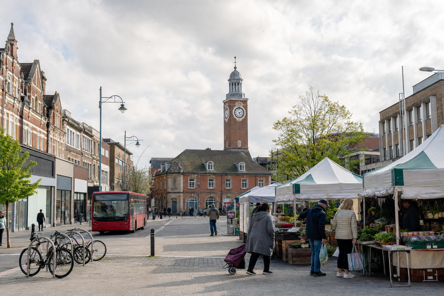 Outdoor market with stalls, a red bus, bicycles, and a clock tower under a cloudy sky in a town square.