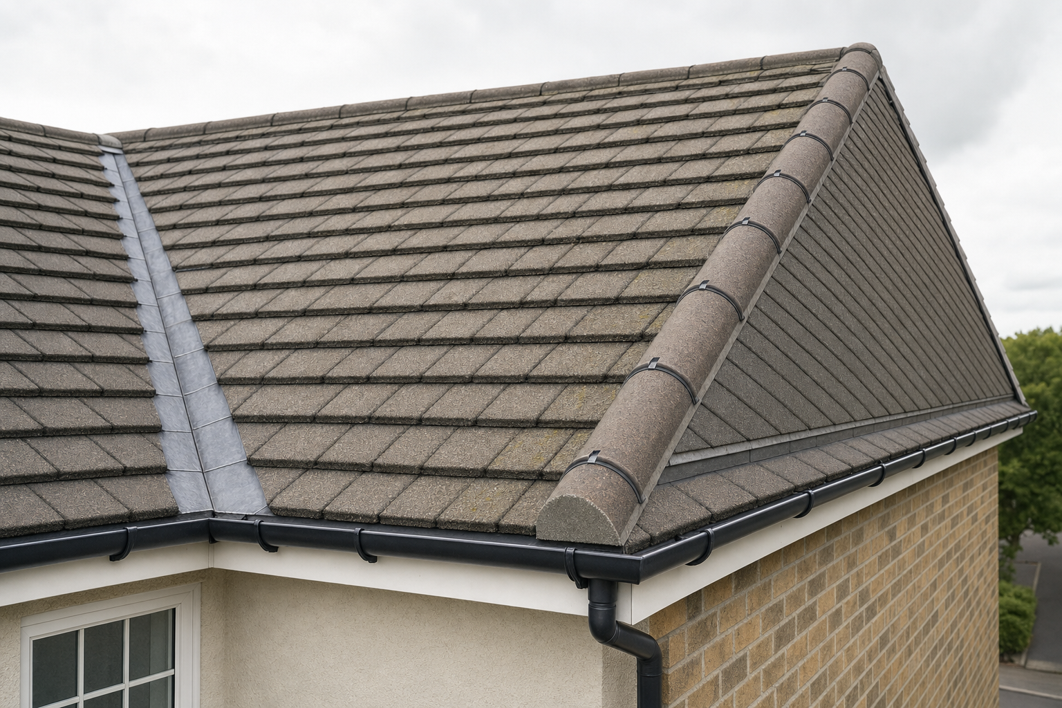 A neatly tiled, pitched roof with dark gutters and a visible window on a brick and render house.