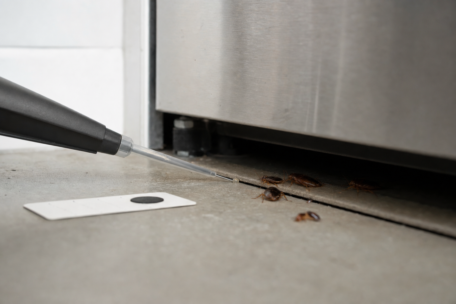 Applying pest control gel near cockroaches under a stainless steel appliance.
