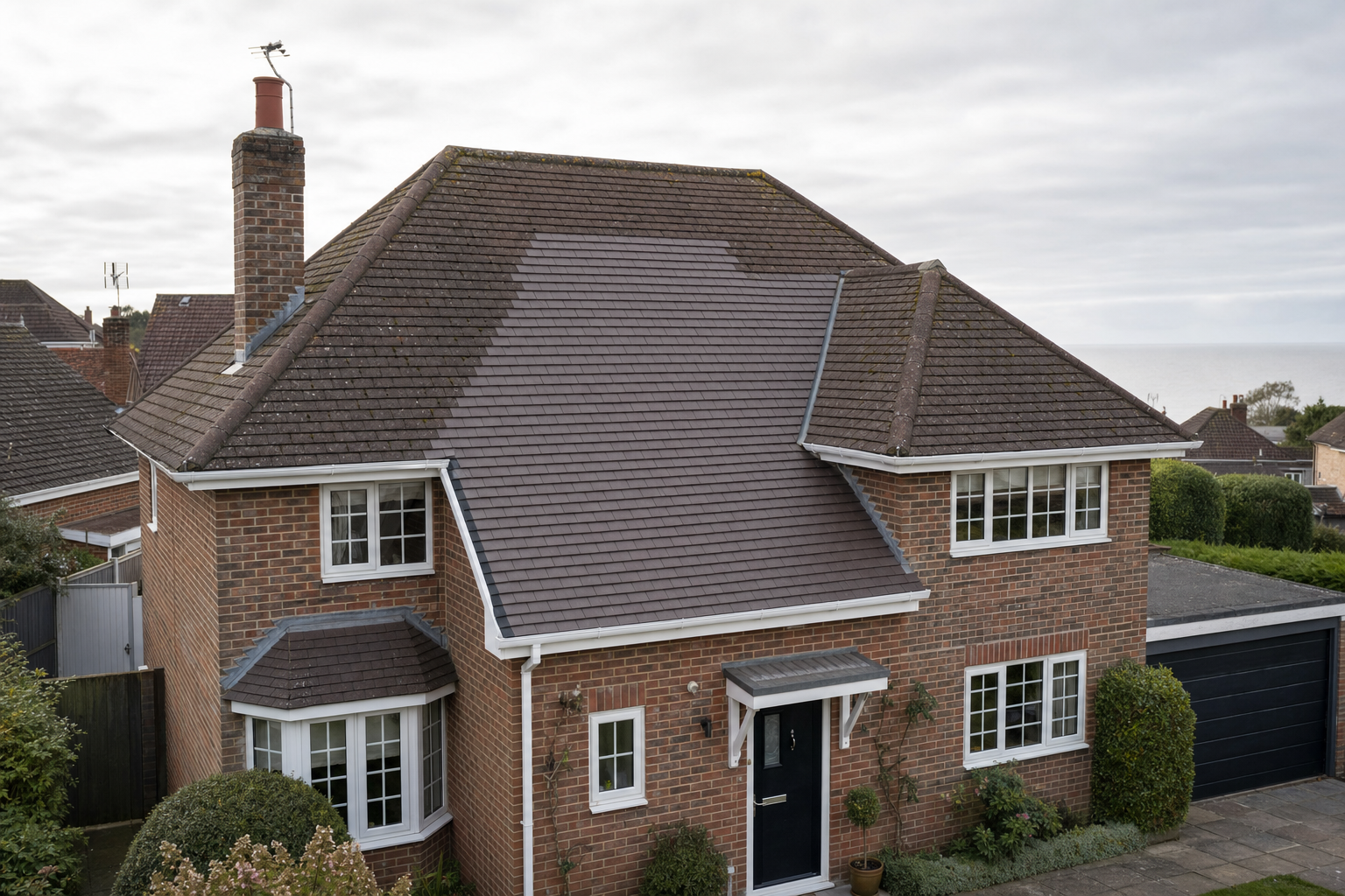Two-storey brick house with a gabled roof and a black garage door, set in a residential area with a sea view.