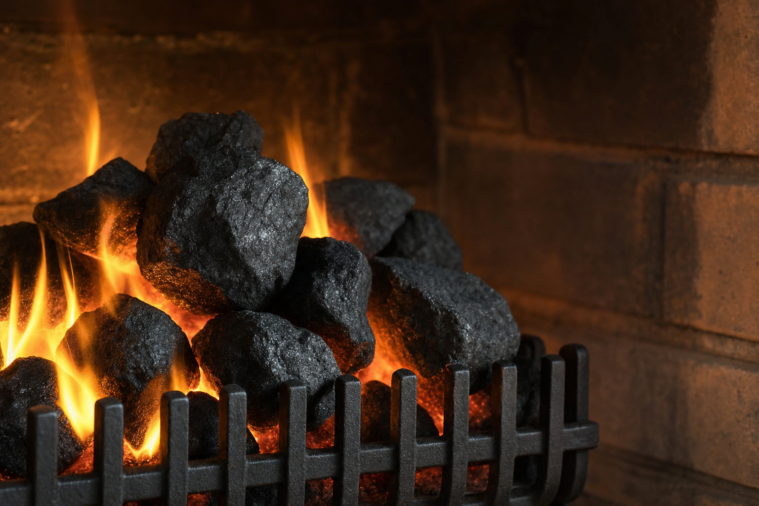 Burning coals emitting bright orange flames in a fireplace with a black metal grate.