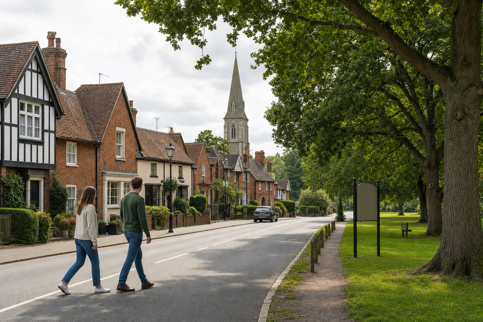 Two people walking across a street lined with charming brick houses and a church spire in the distance.
