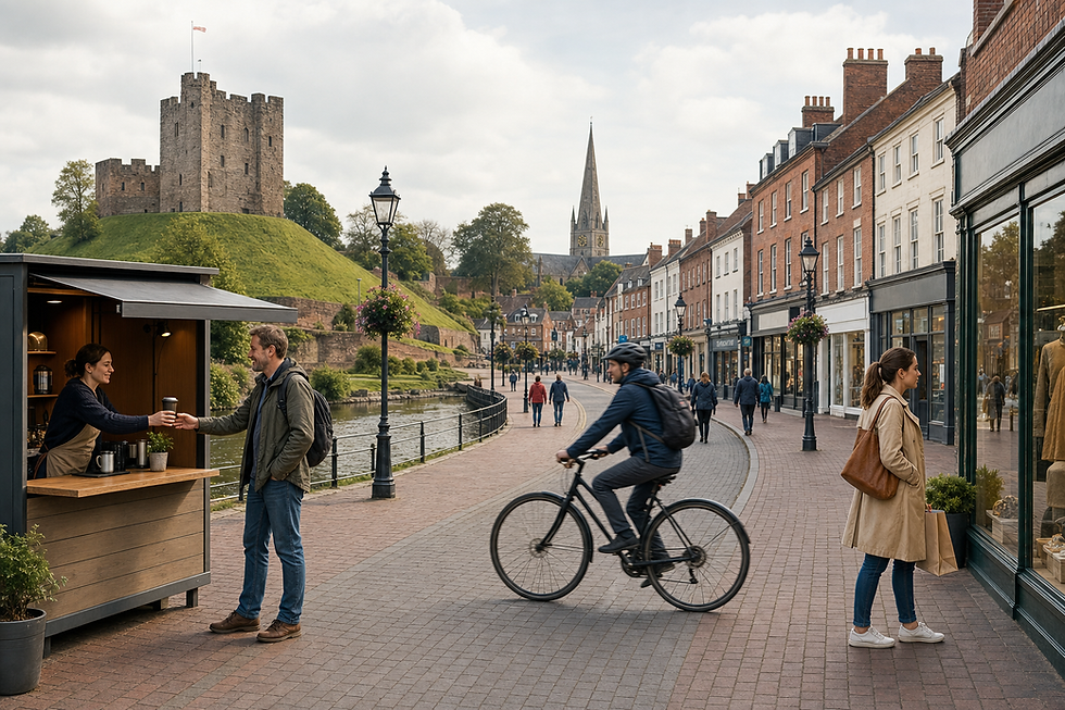 A man receives a coffee from a vendor on a riverside street with a castle and church spire in the background.