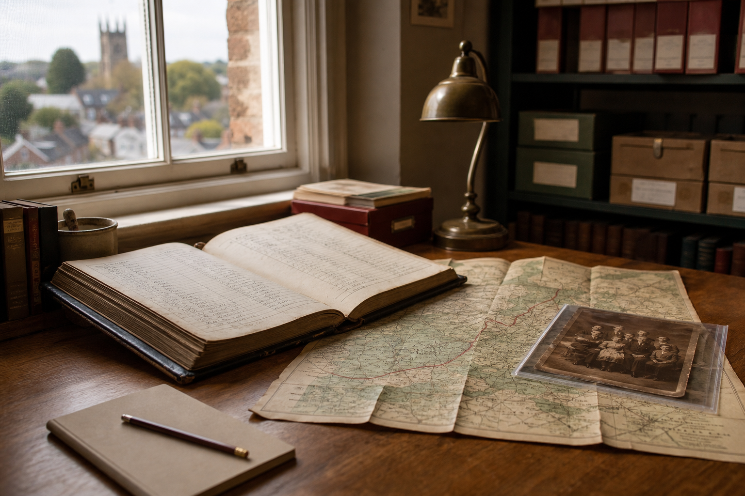 Historical study desk with an open ledger, vintage map, photograph, and a lamp, overlooking a town through a window.