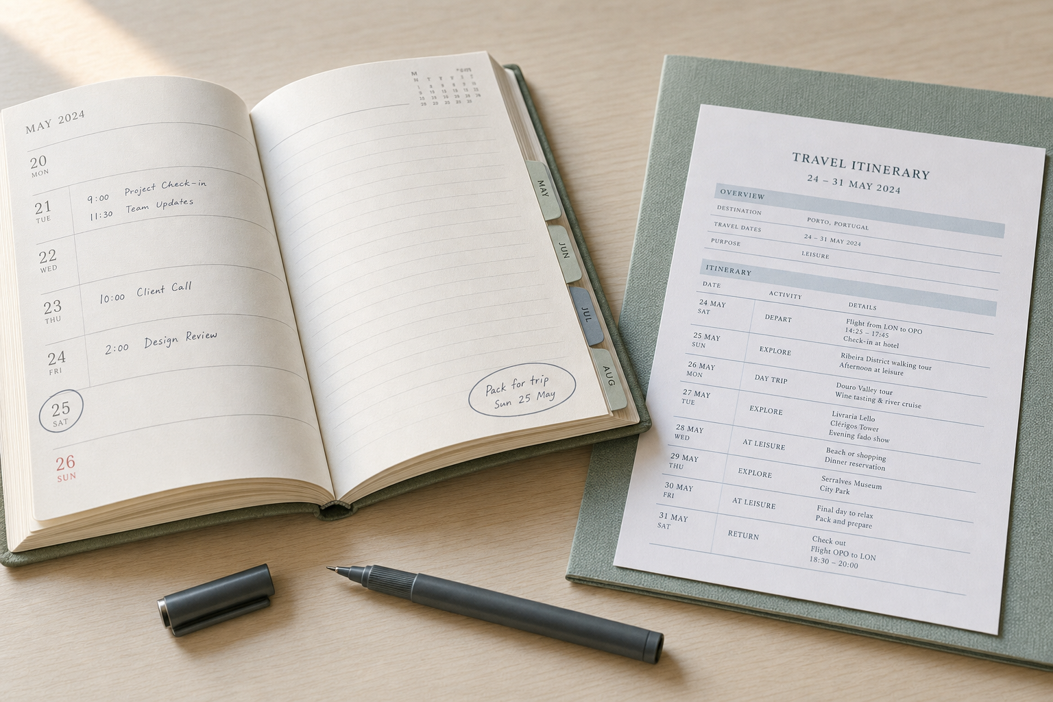 Open planner and a travel itinerary placed on a desk, with a pen beside them.