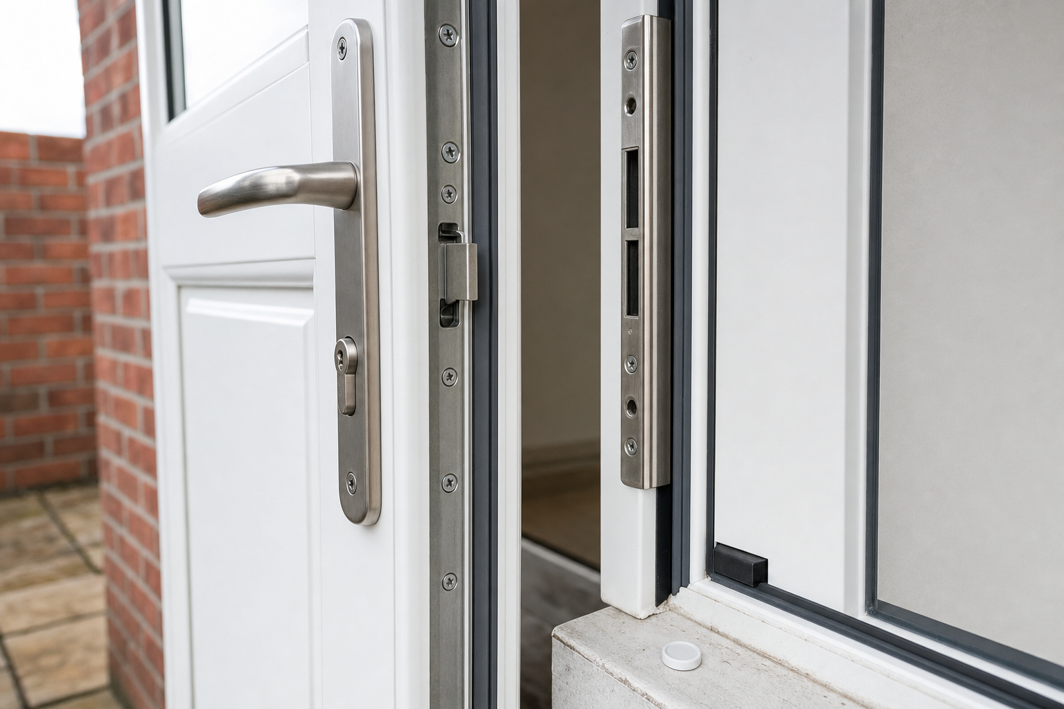 A partially open white door with a silver handle and lock mechanism, set against a brick wall exterior.