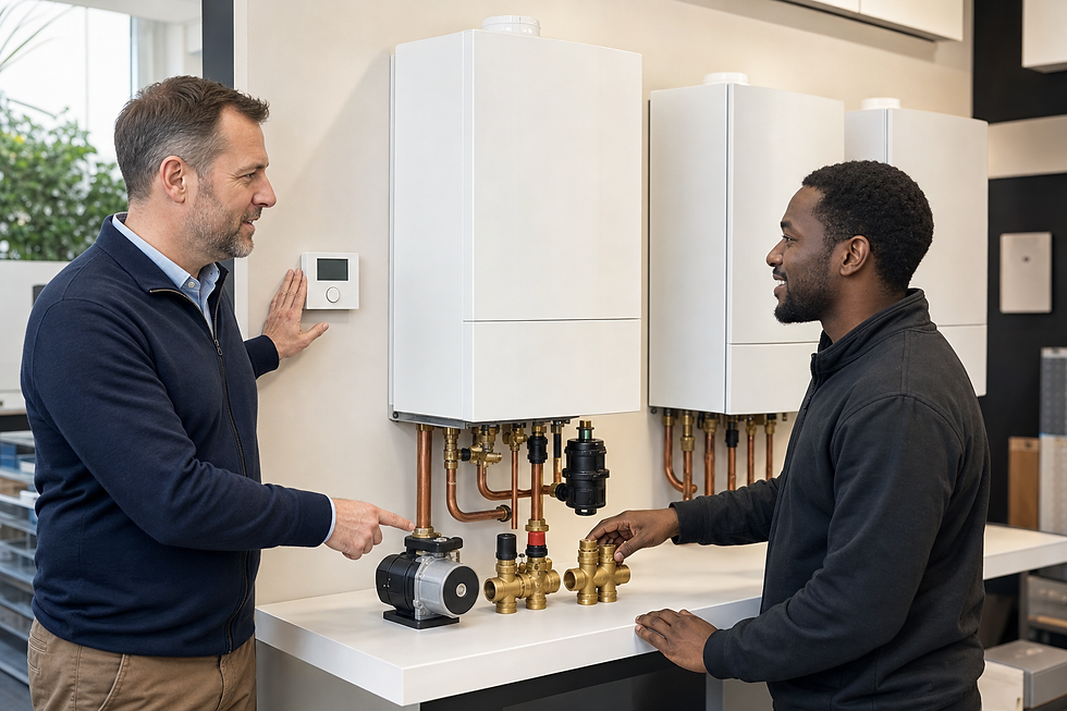 Two men discussing plumbing components in front of a wall-mounted boiler system.