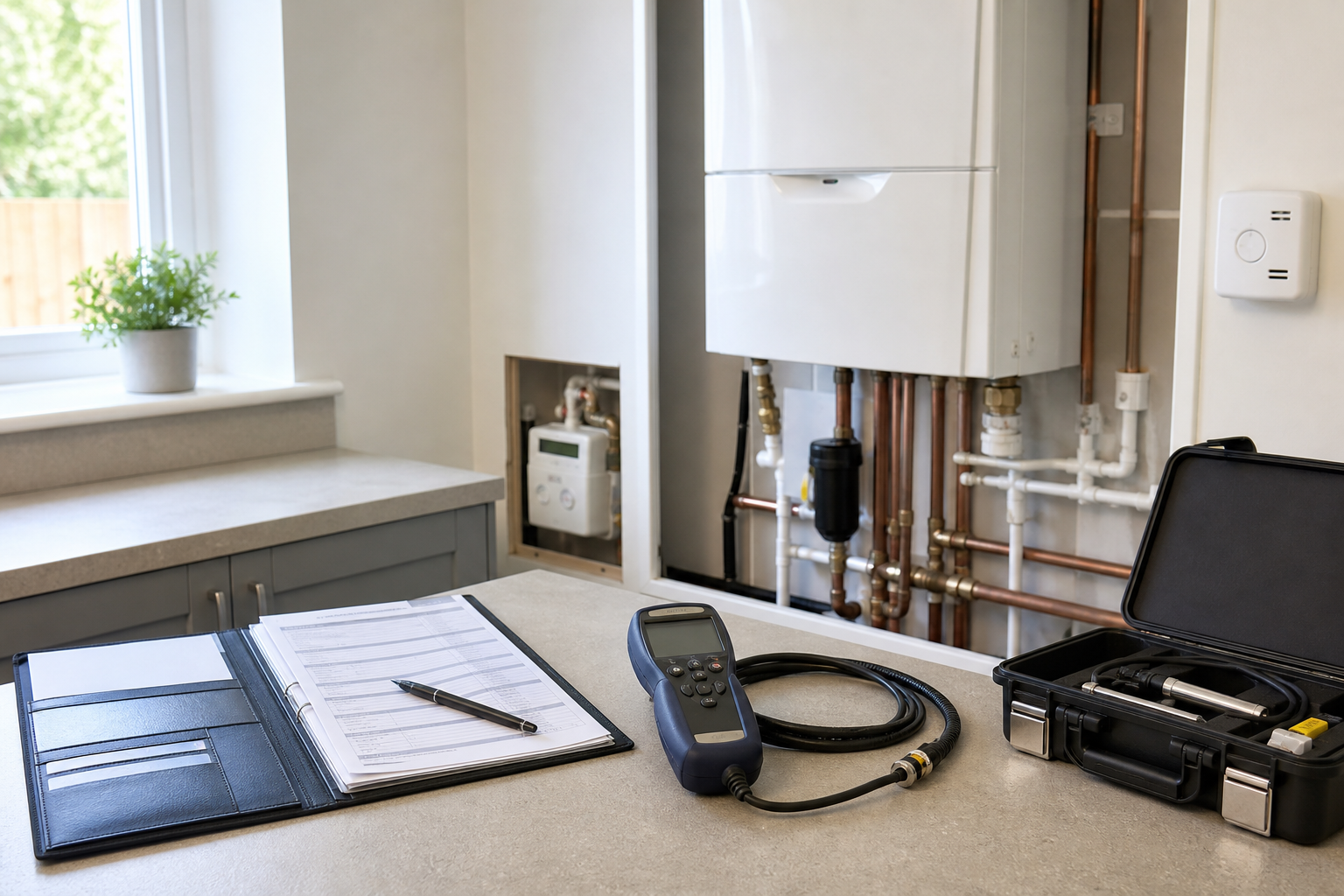 Modern boiler system with maintenance tools and paperwork on a countertop.