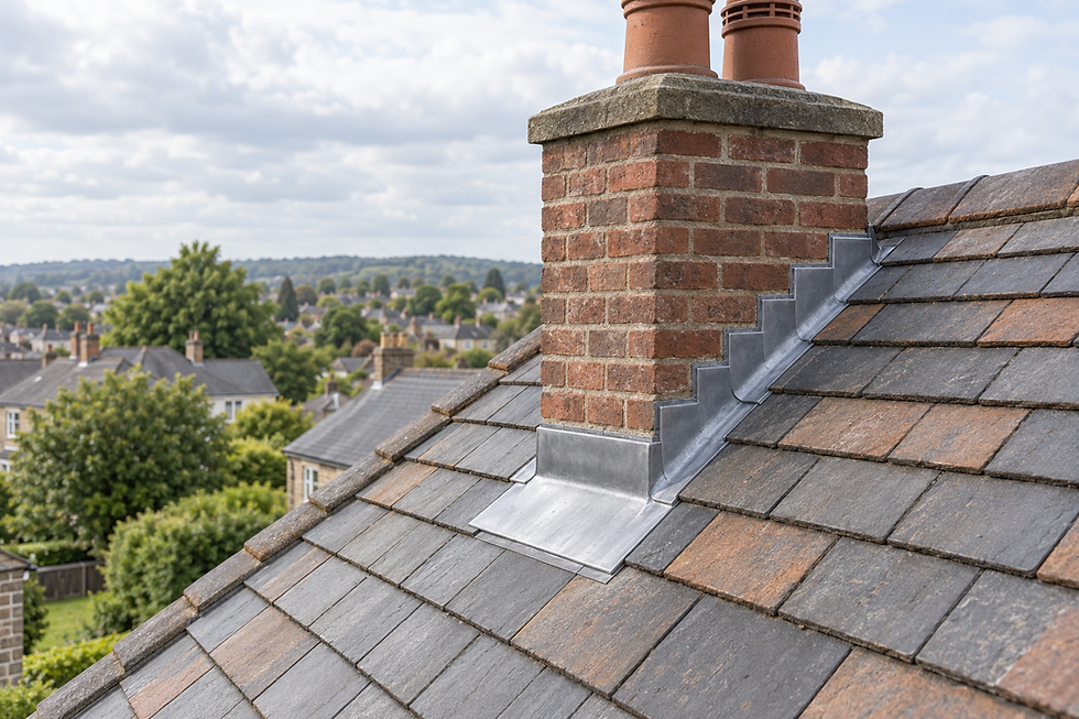 A brick chimney with pots and lead flashing on a slate-tiled roof overlooking a residential neighbourhood.