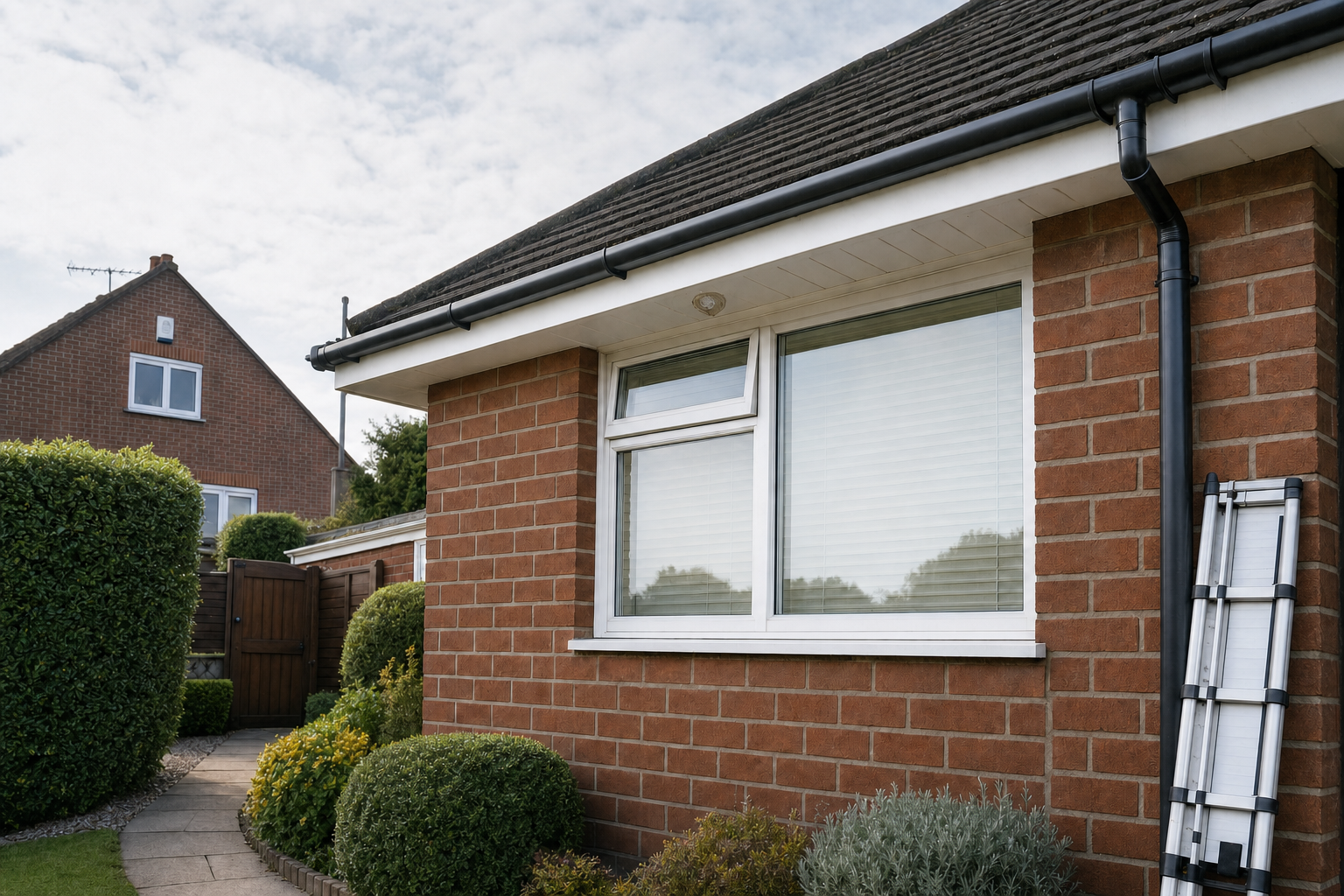 A brick house exterior with a large window and a folded ladder leaning against the wall.