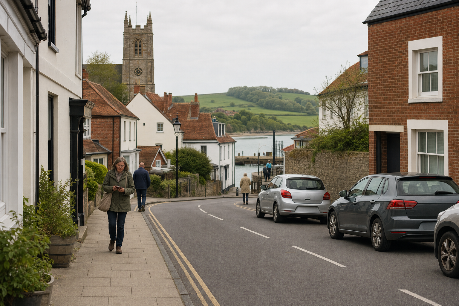 A woman walks through a quaint English village street with parked cars and a church tower in the background.