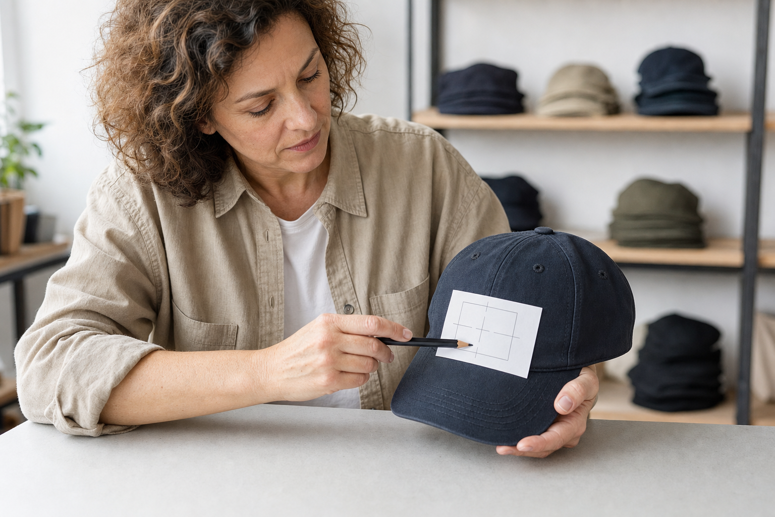 A woman points to a design sketch on a navy cap with a pencil, surrounded by shelves of hats.