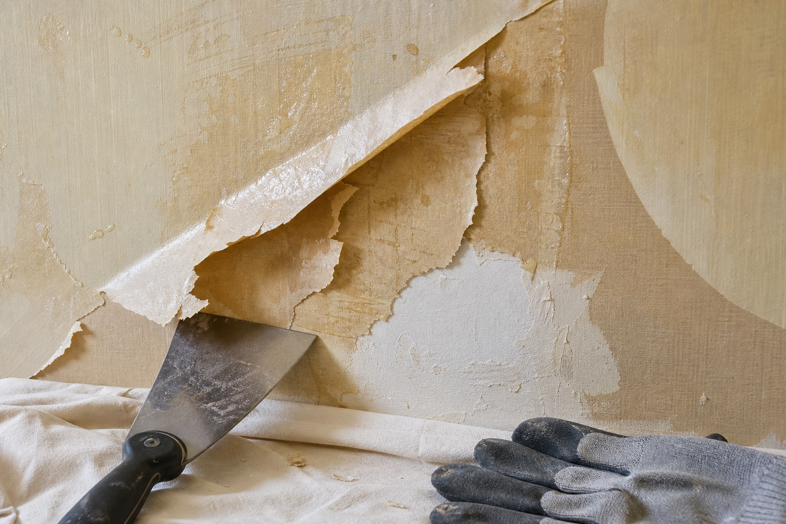 A wallpaper scraper and gloves on a sheet are used to strip peeling paper from a wall.