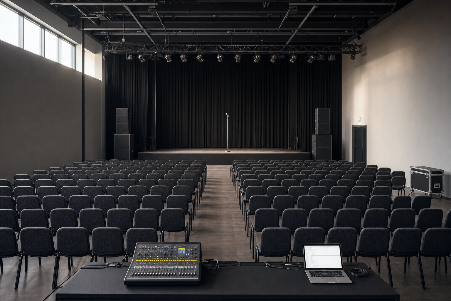 An empty auditorium with rows of chairs, stage, sound equipment, and a solitary microphone stand.