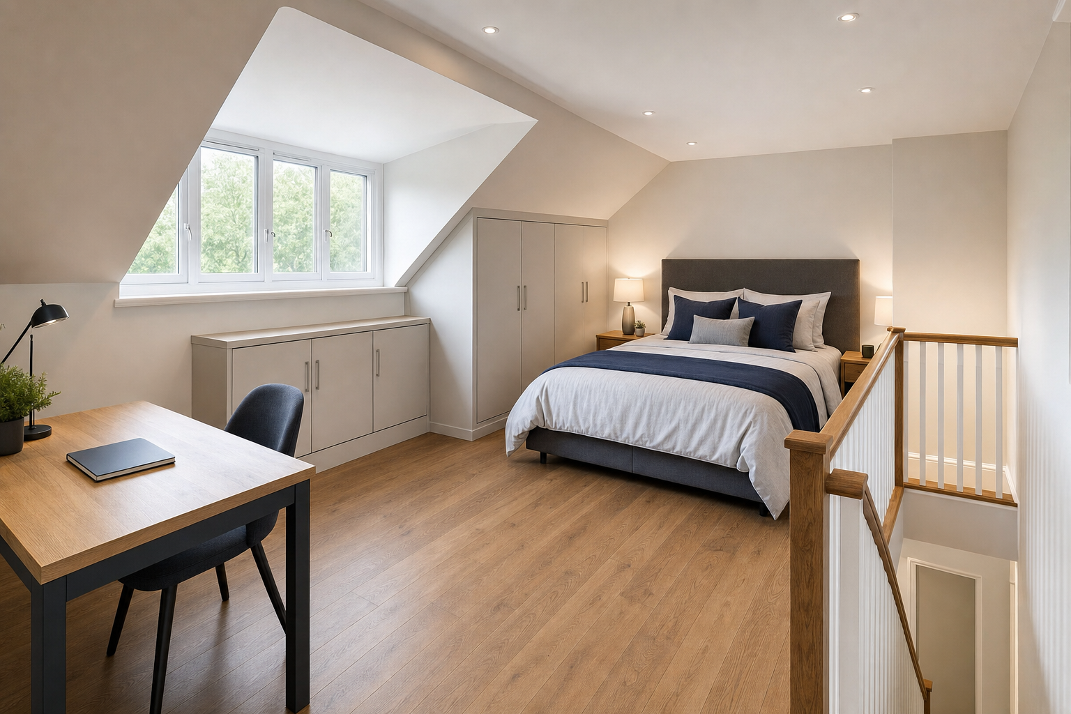 Modern attic bedroom with a double bed, wooden floor, and a desk under a window.