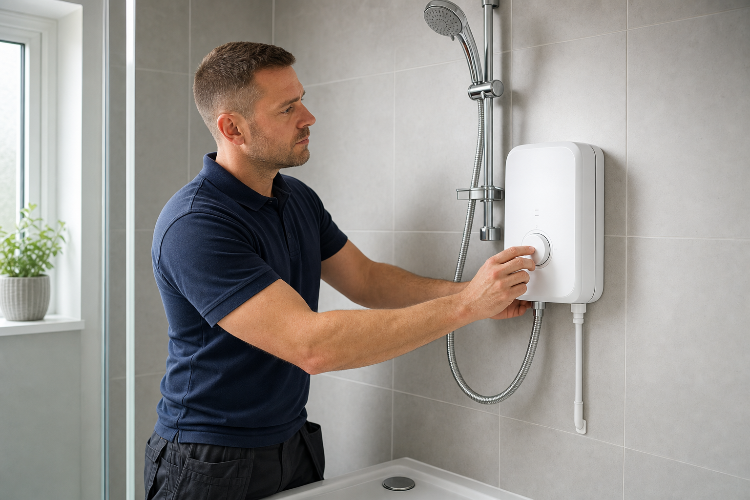 A man adjusts settings on a white shower control unit in a modern bathroom.