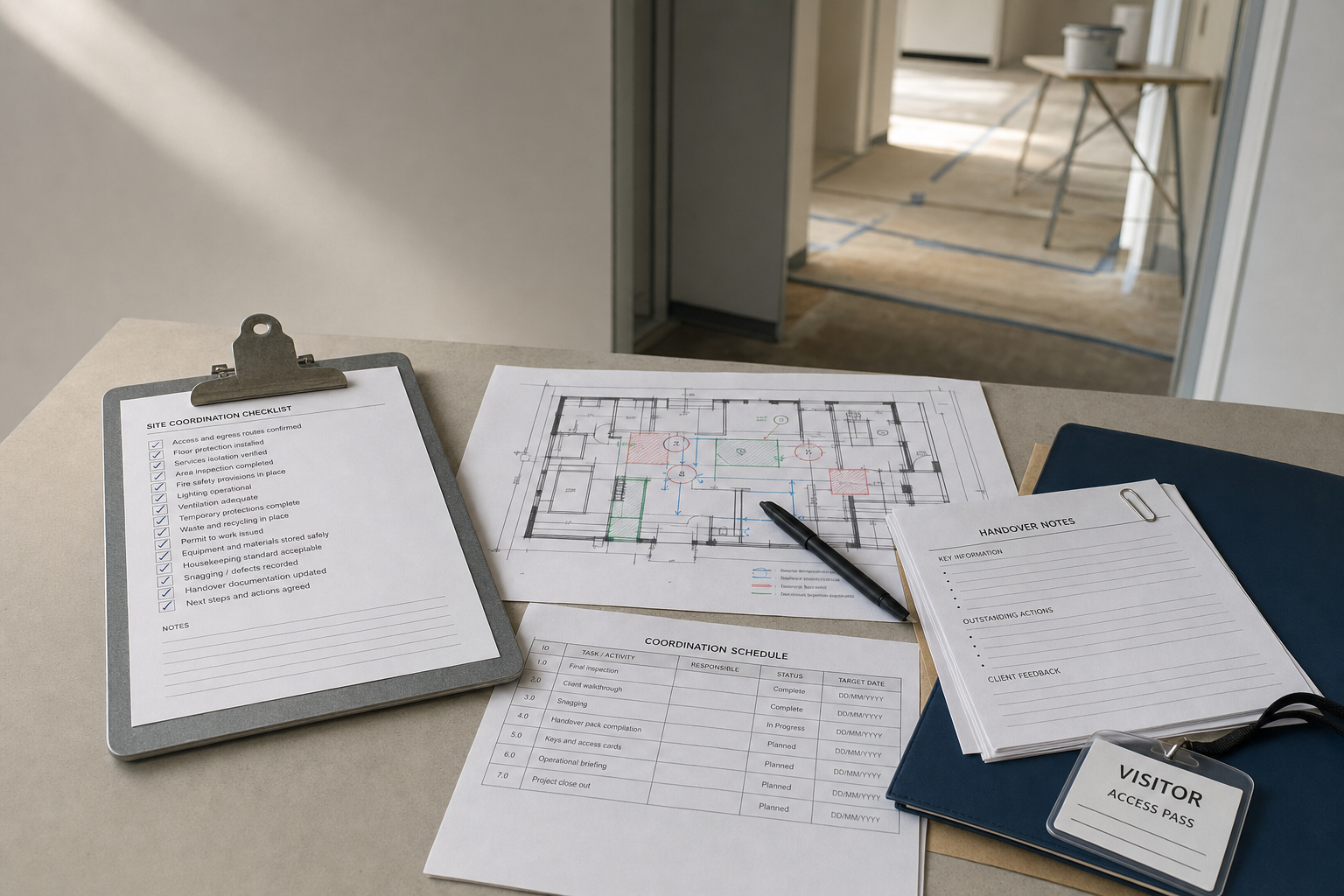 Construction site plans and checklist on a table in a partially completed building.