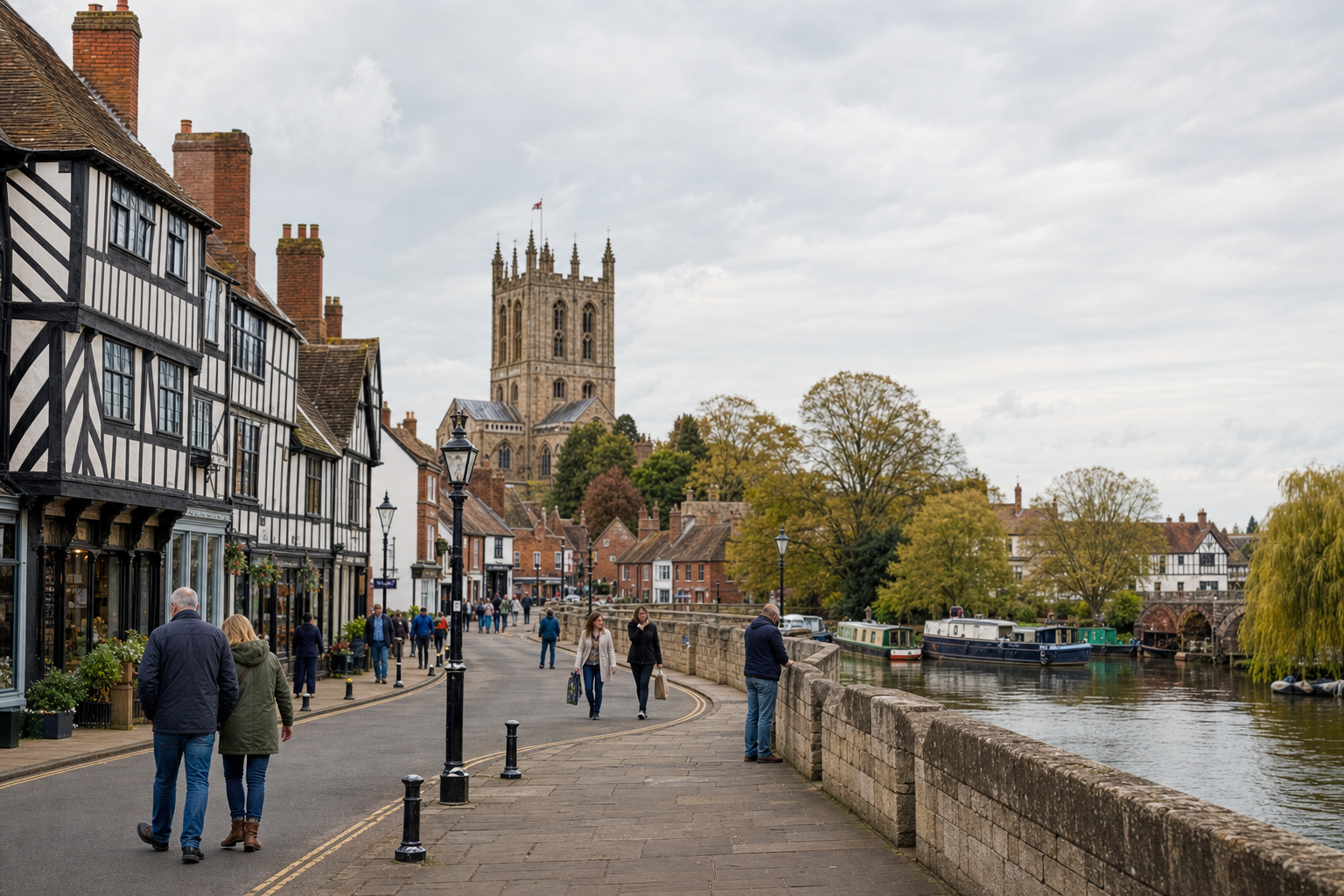 People walking along a riverside street lined with Tudor-style buildings and a large church tower in the background.