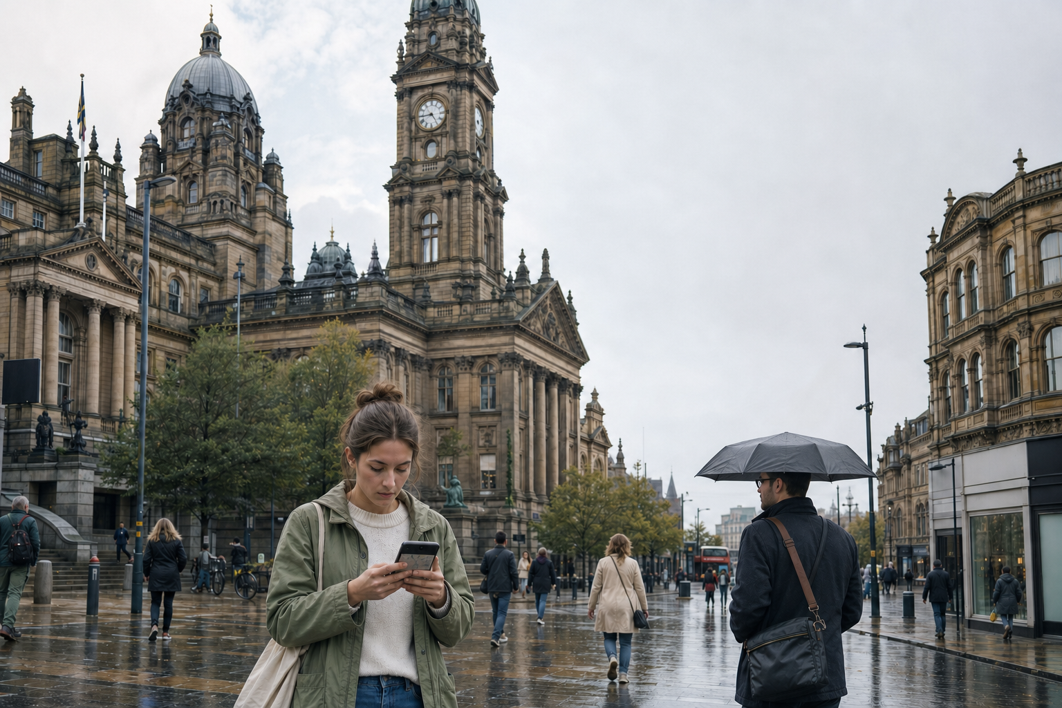 A woman uses her phone in a wet city square with a historic clock tower in the background.